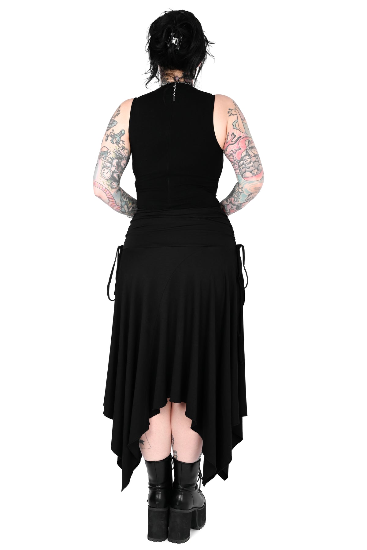Black high/low handkerchief midi skirt with adjustable ties on the sides.