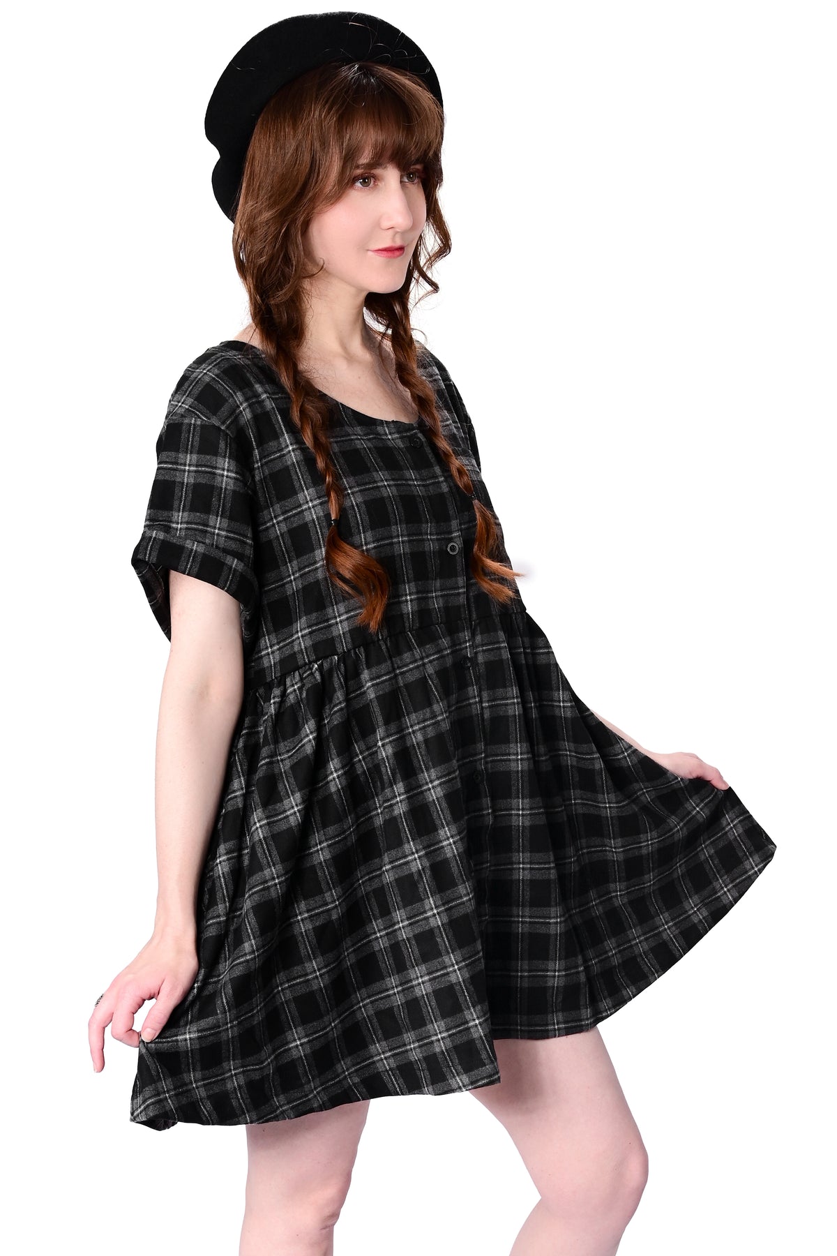 grey plaid button up babydoll dress