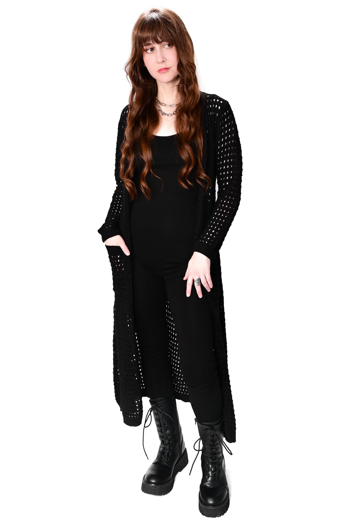 long black cardigan with open weave knit and pockets