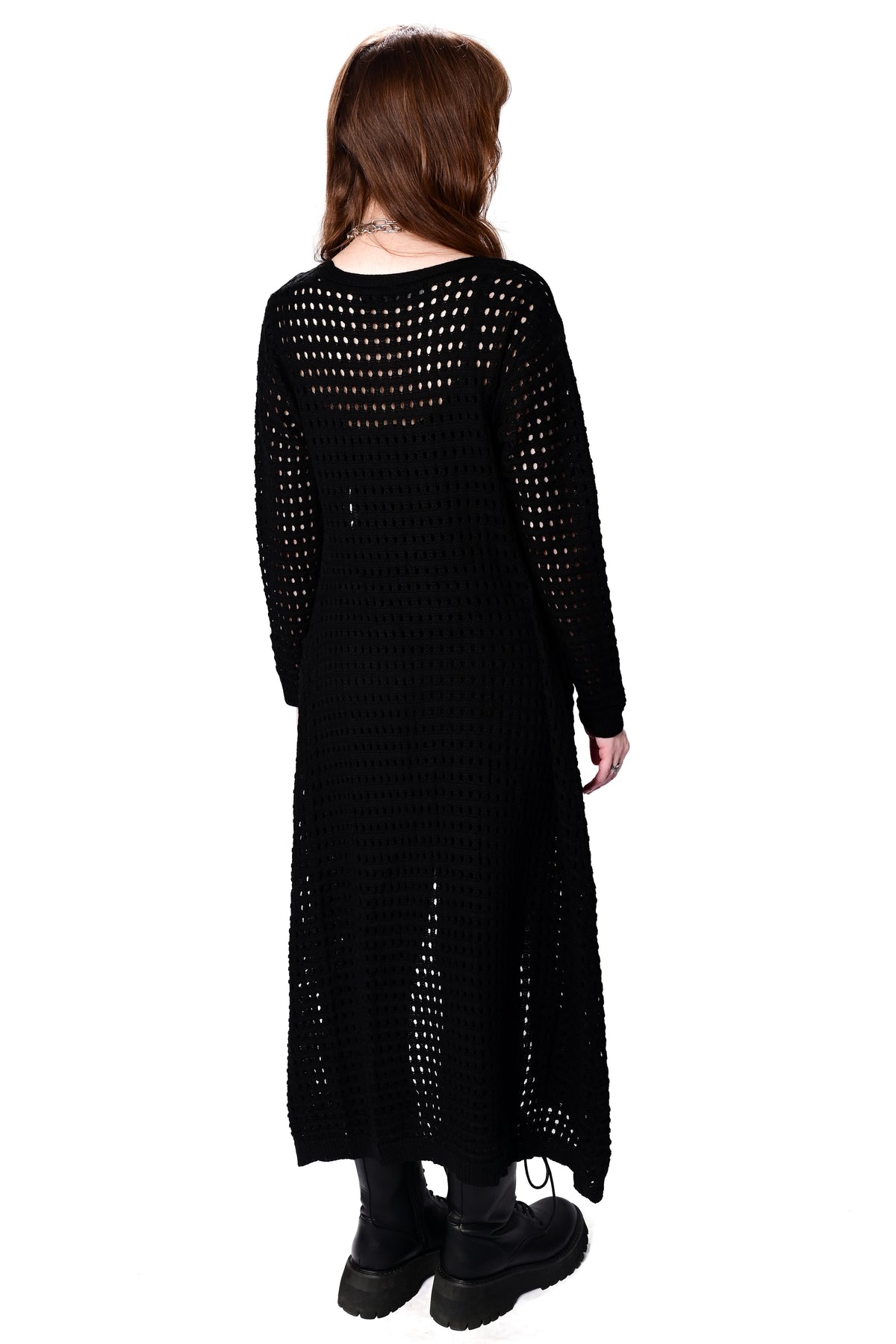 long black cardigan with open weave knit and pockets