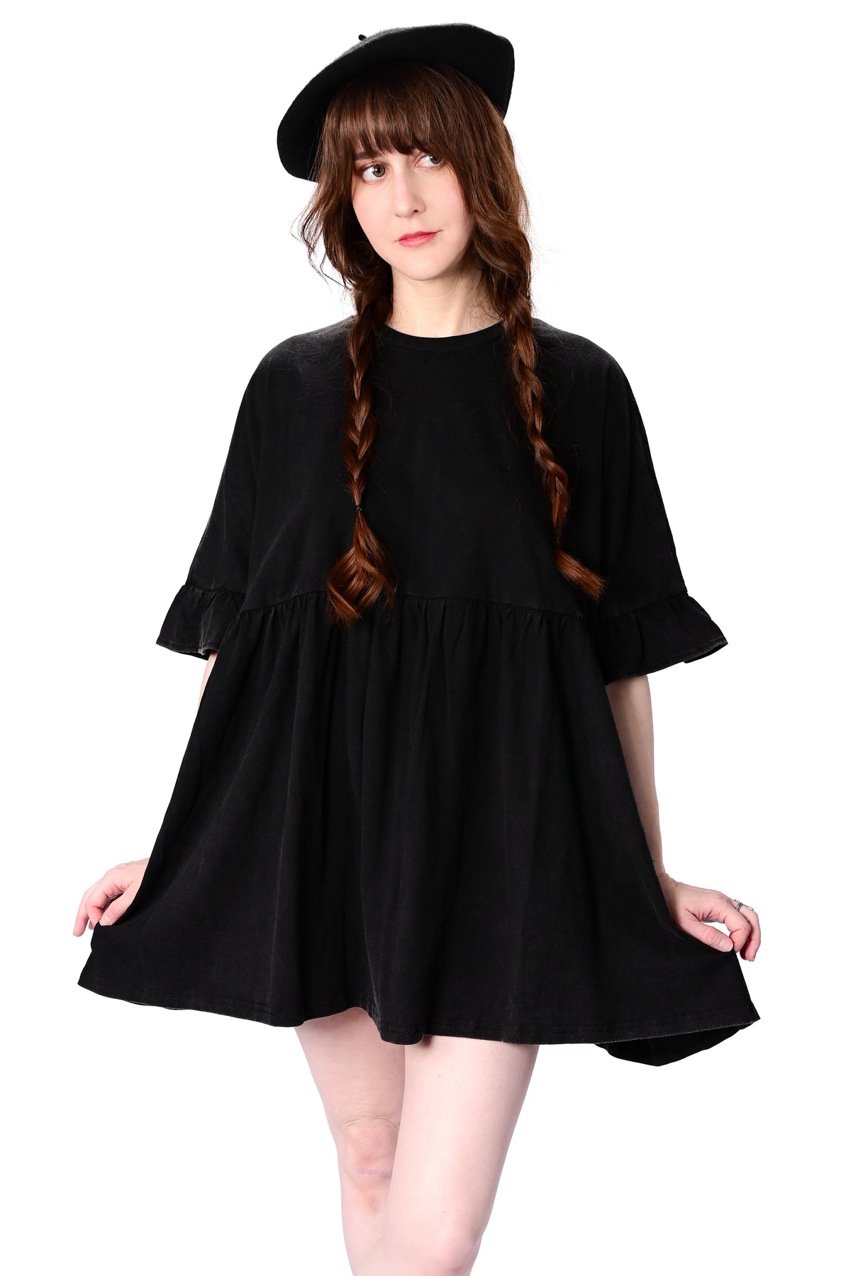 black acid wash babydoll dress with ruffle sleeves