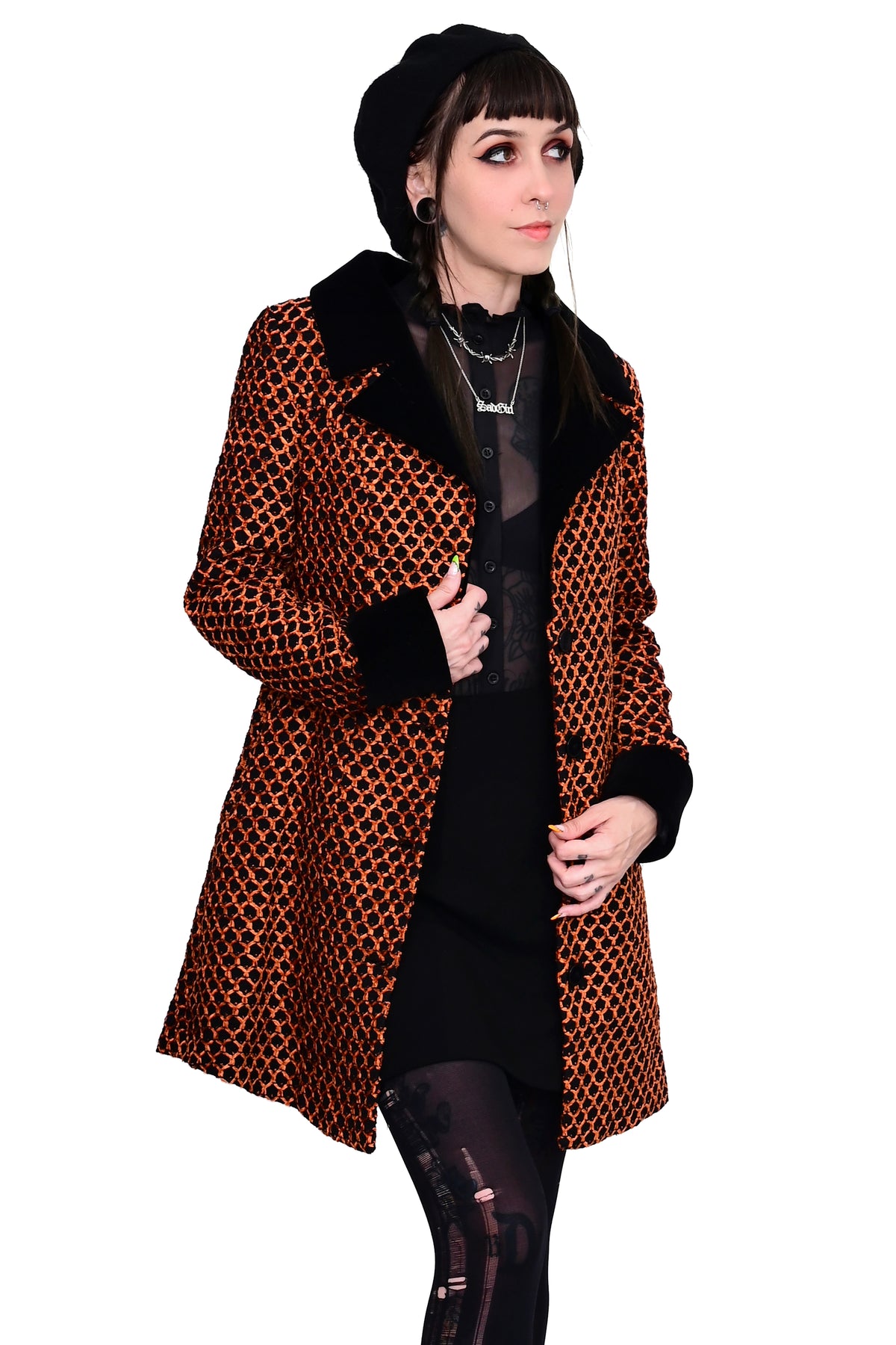 black and orange coat with front button closure