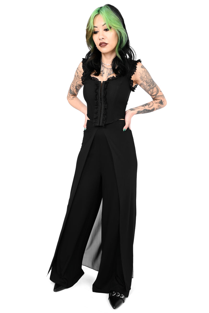 wide leg pants with a layered mesh over skirt