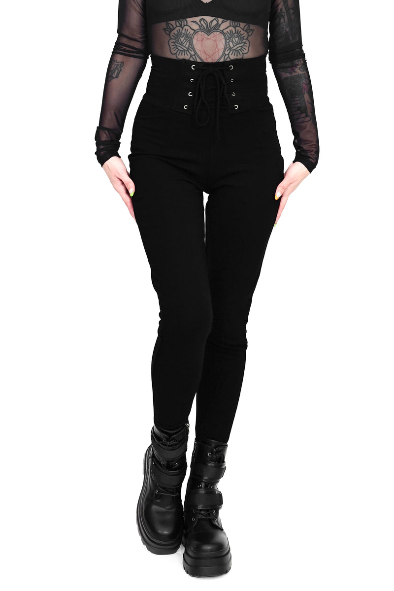 black high waisted leggings with lace up corset front