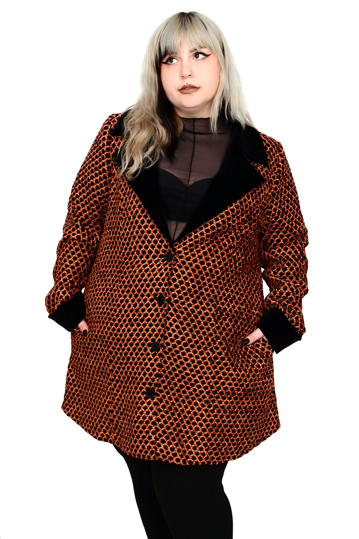 black and orange coat with front button closure