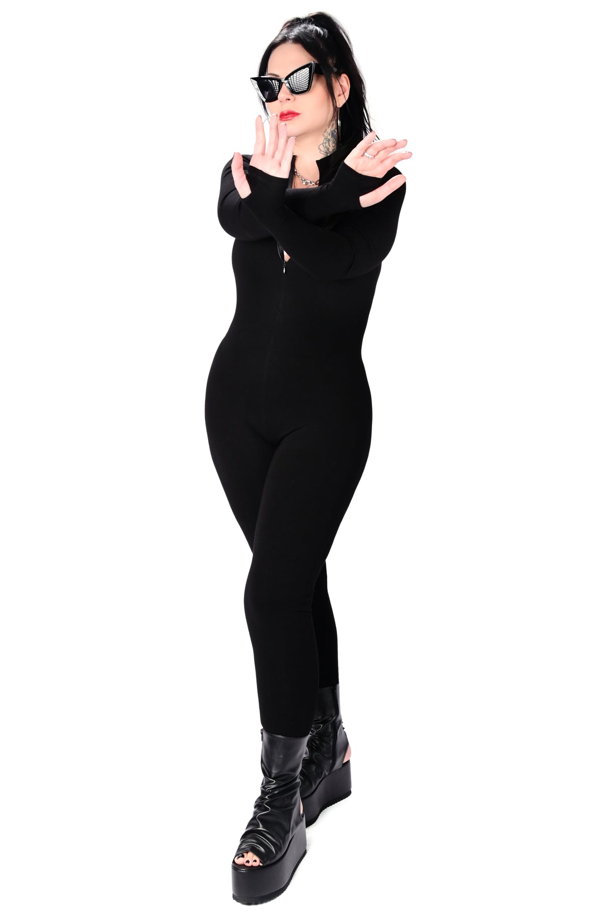 black long sleeve catsuit with front zipper