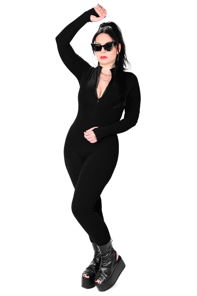 black long sleeve catsuit with front zipper