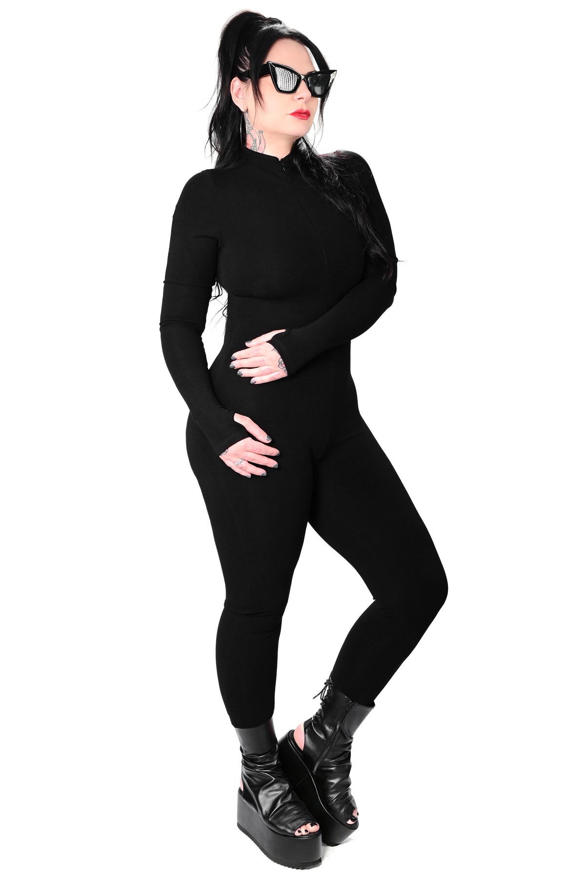 black long sleeve catsuit with front zipper