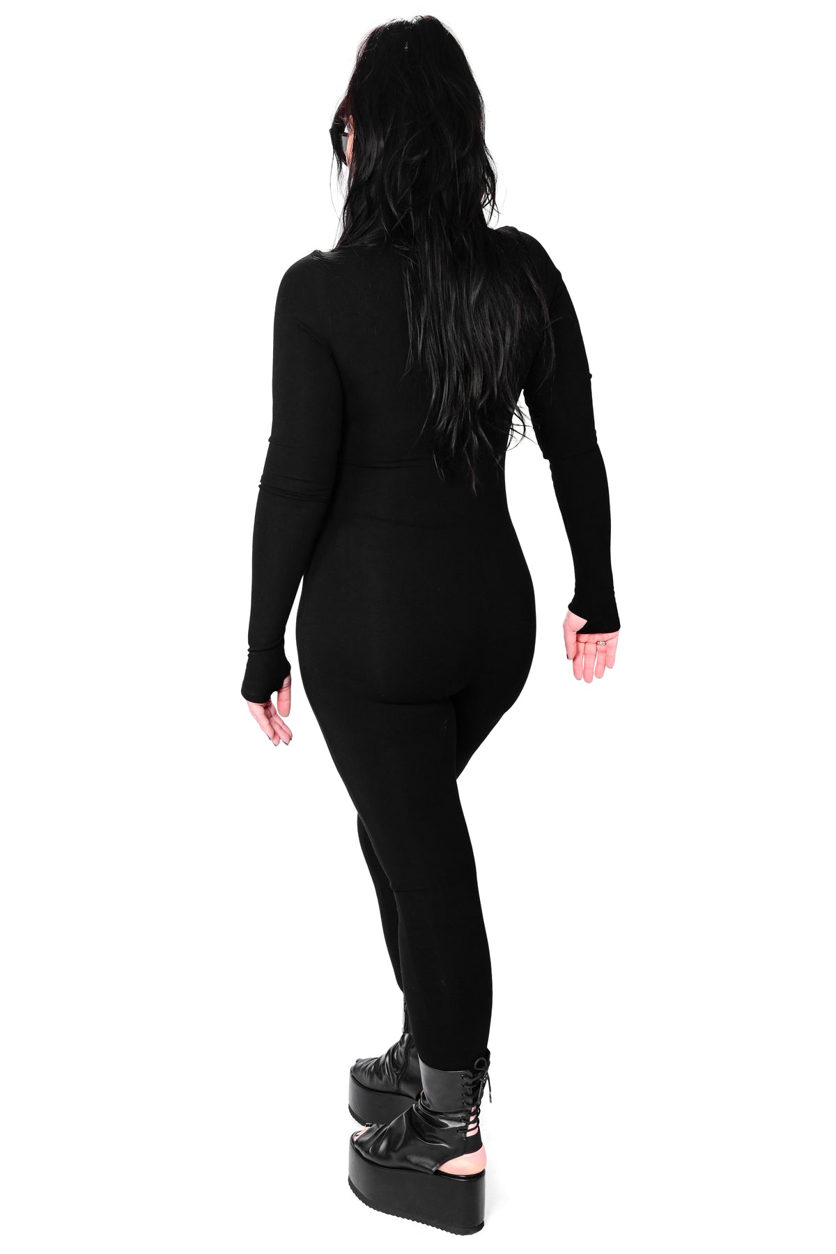 black long sleeve catsuit with front zipper