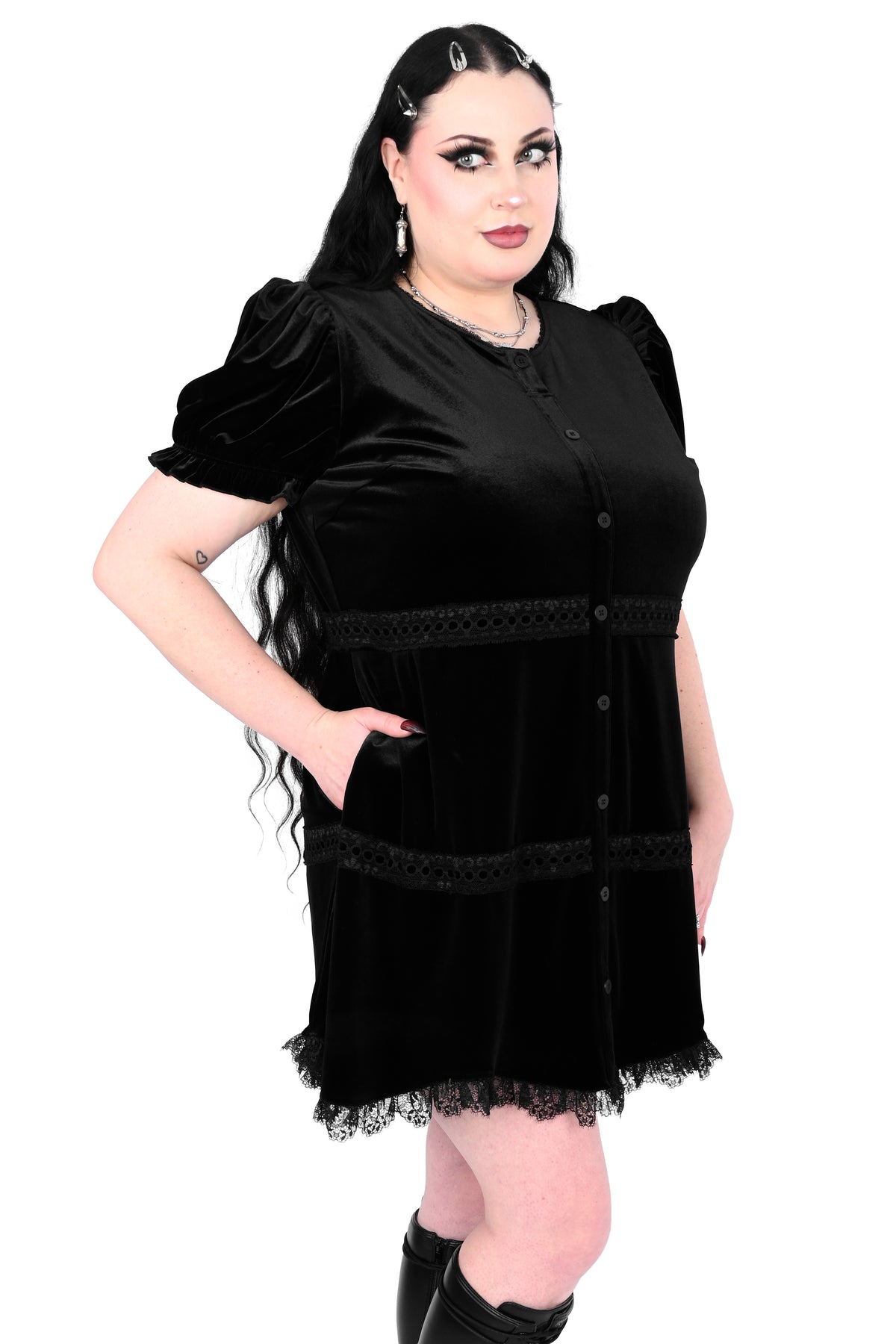 Black velvet dress with button up front and lace details.