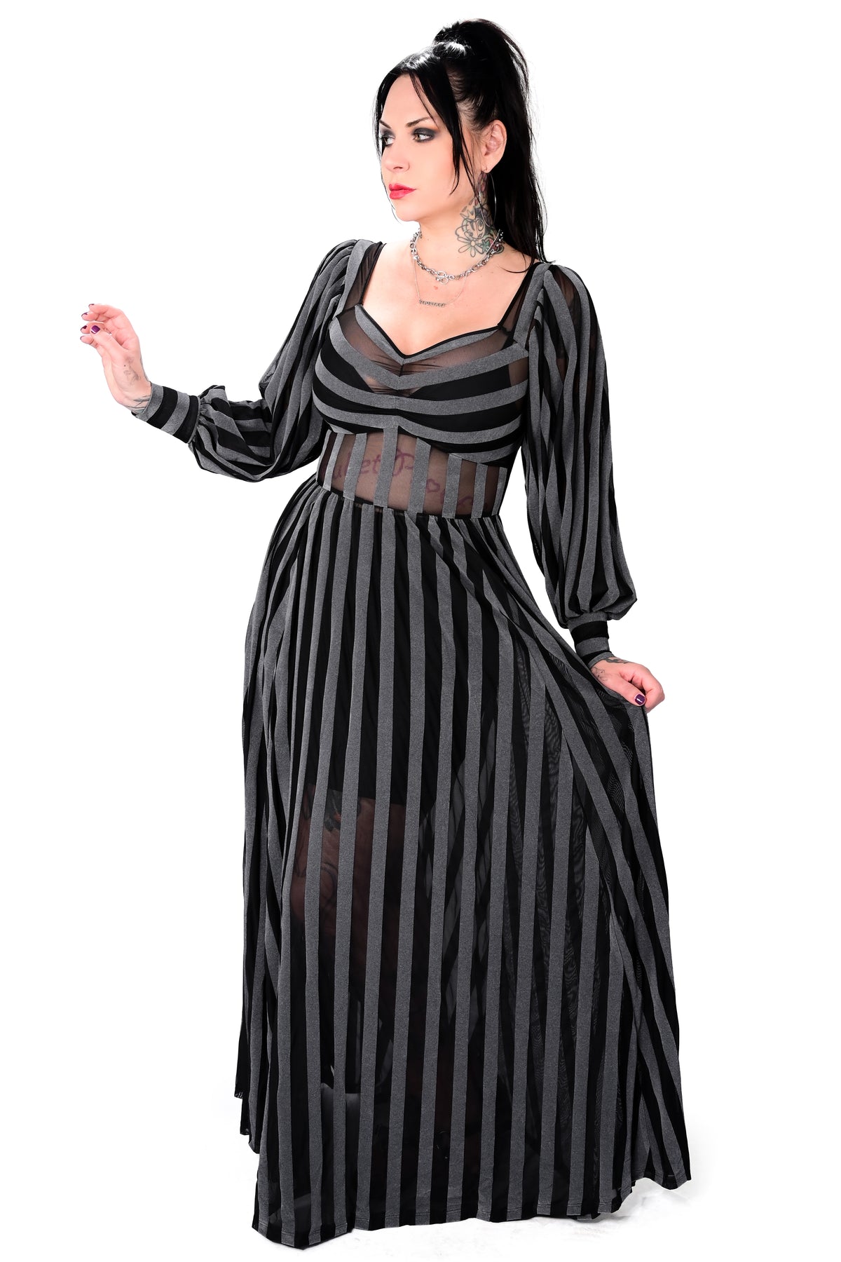 Victoria Striped Mesh Gown - Dark Grey