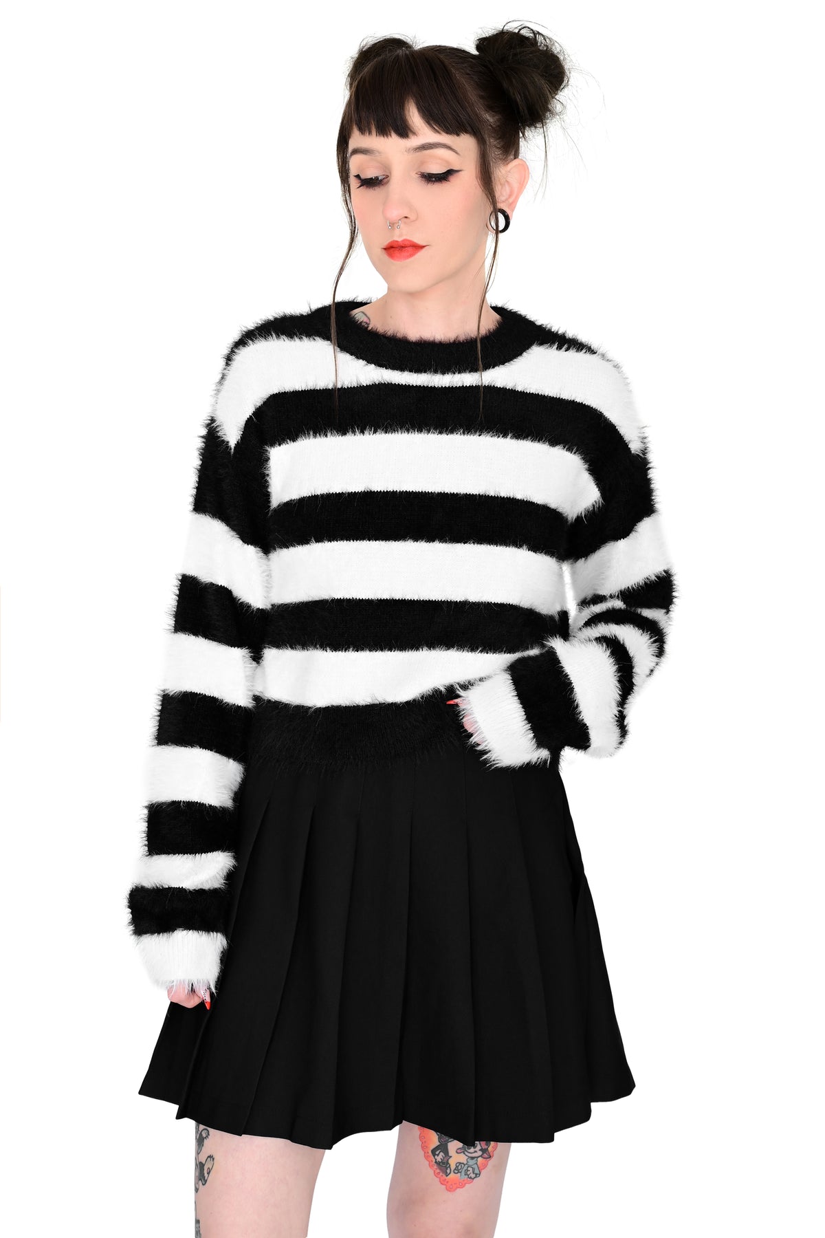 fuzzy black and white striped crop sweater