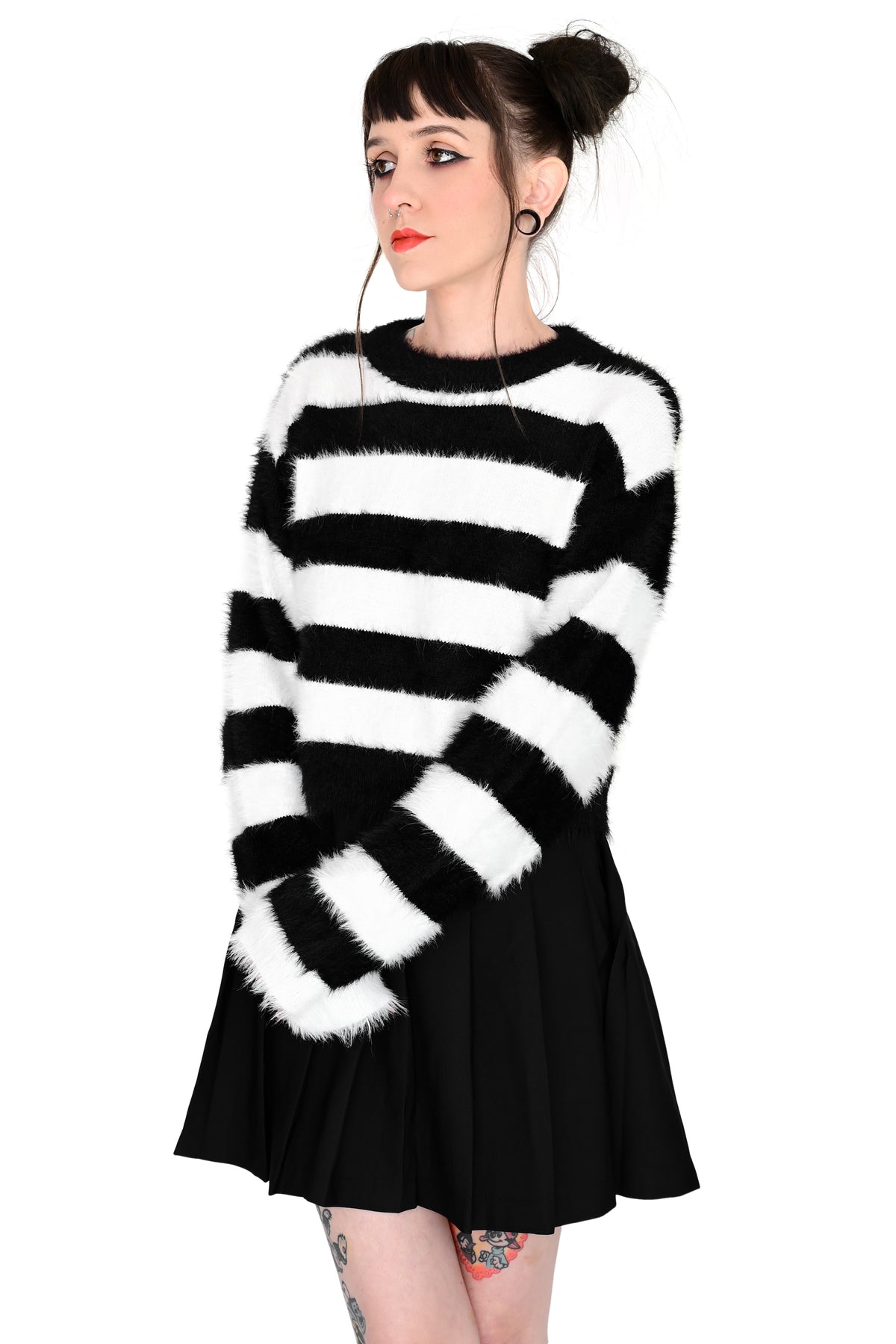 fuzzy black and white striped crop sweater