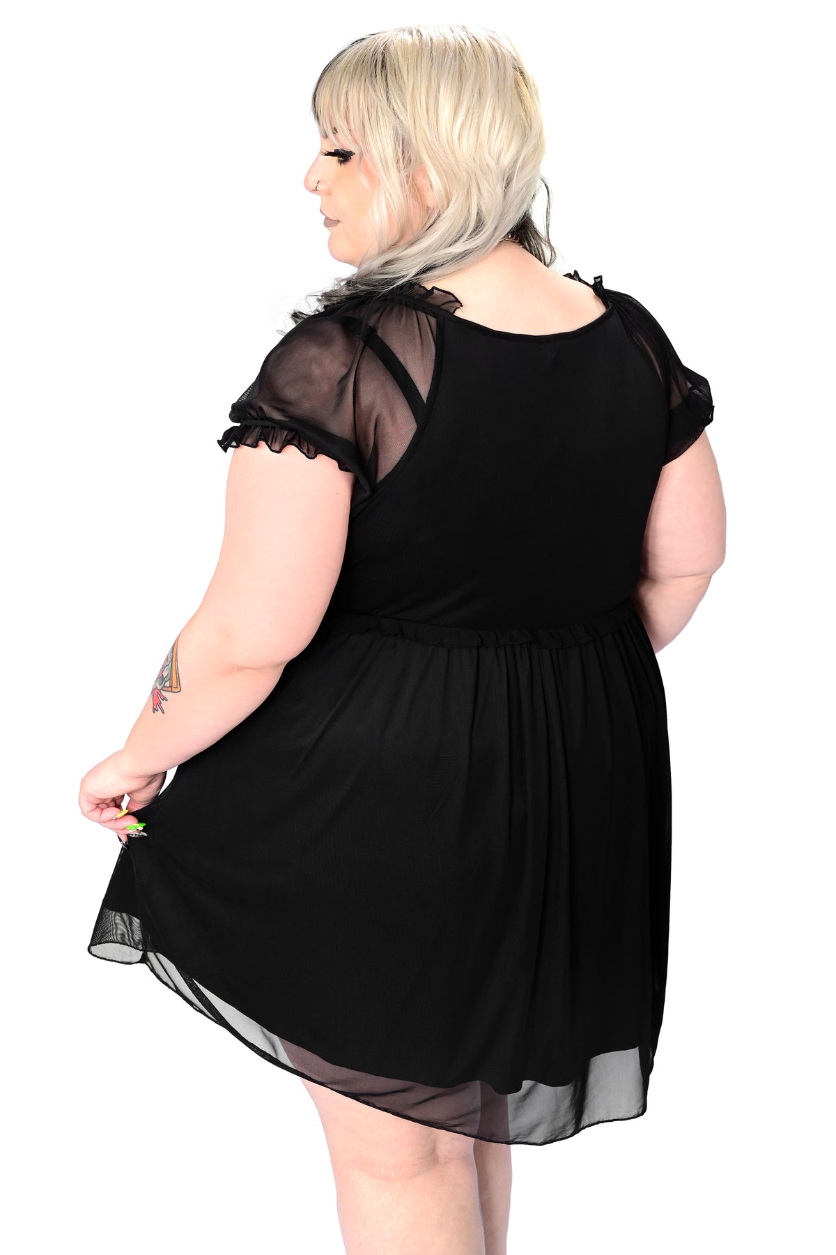 black mesh short sleeve dress with black modal lining, ruffle lettuce hem trim and tie front