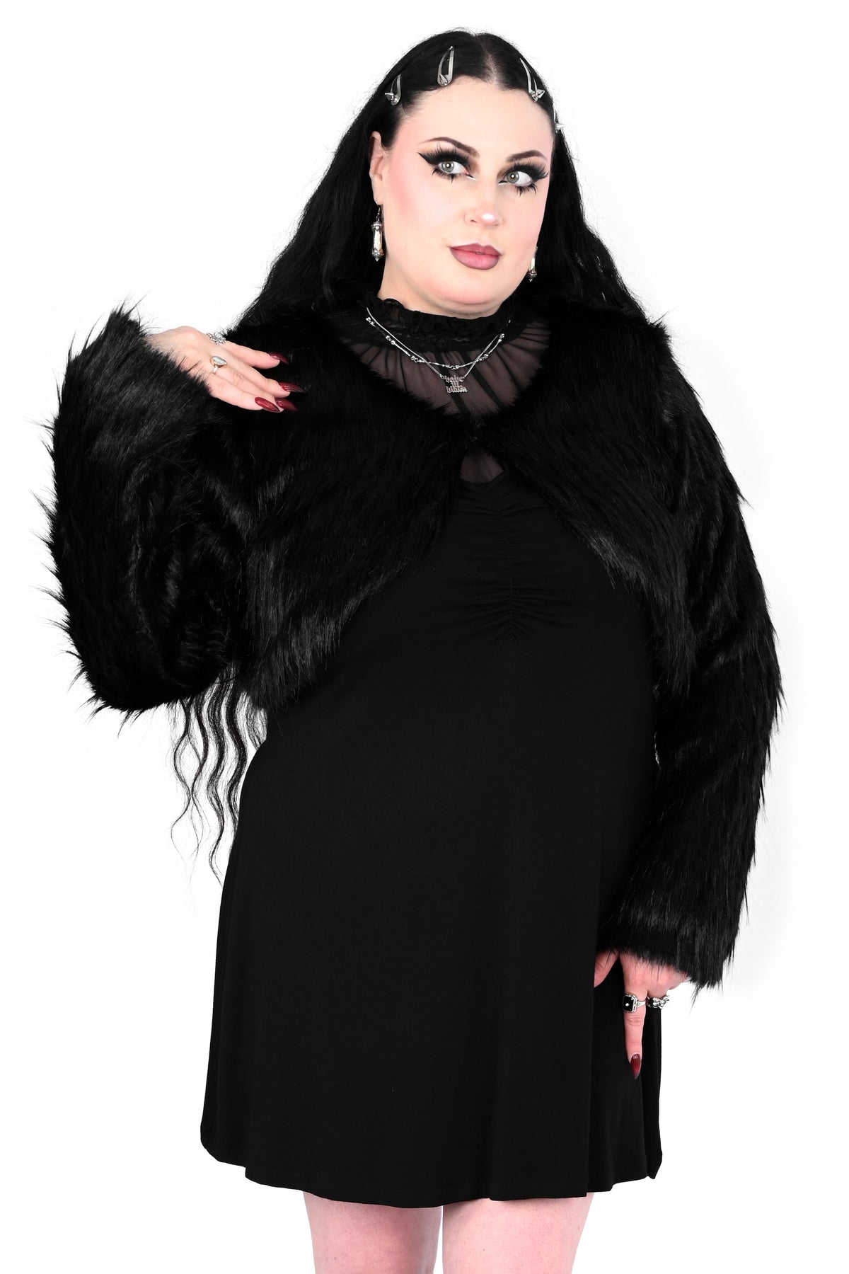 fuzzy faux fur cropped long sleeve bolero top