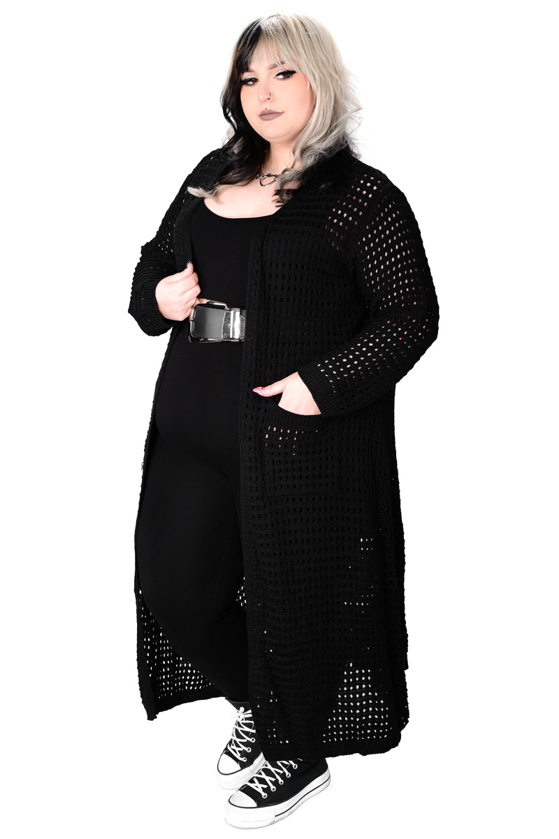 long black cardigan with open weave knit and pockets