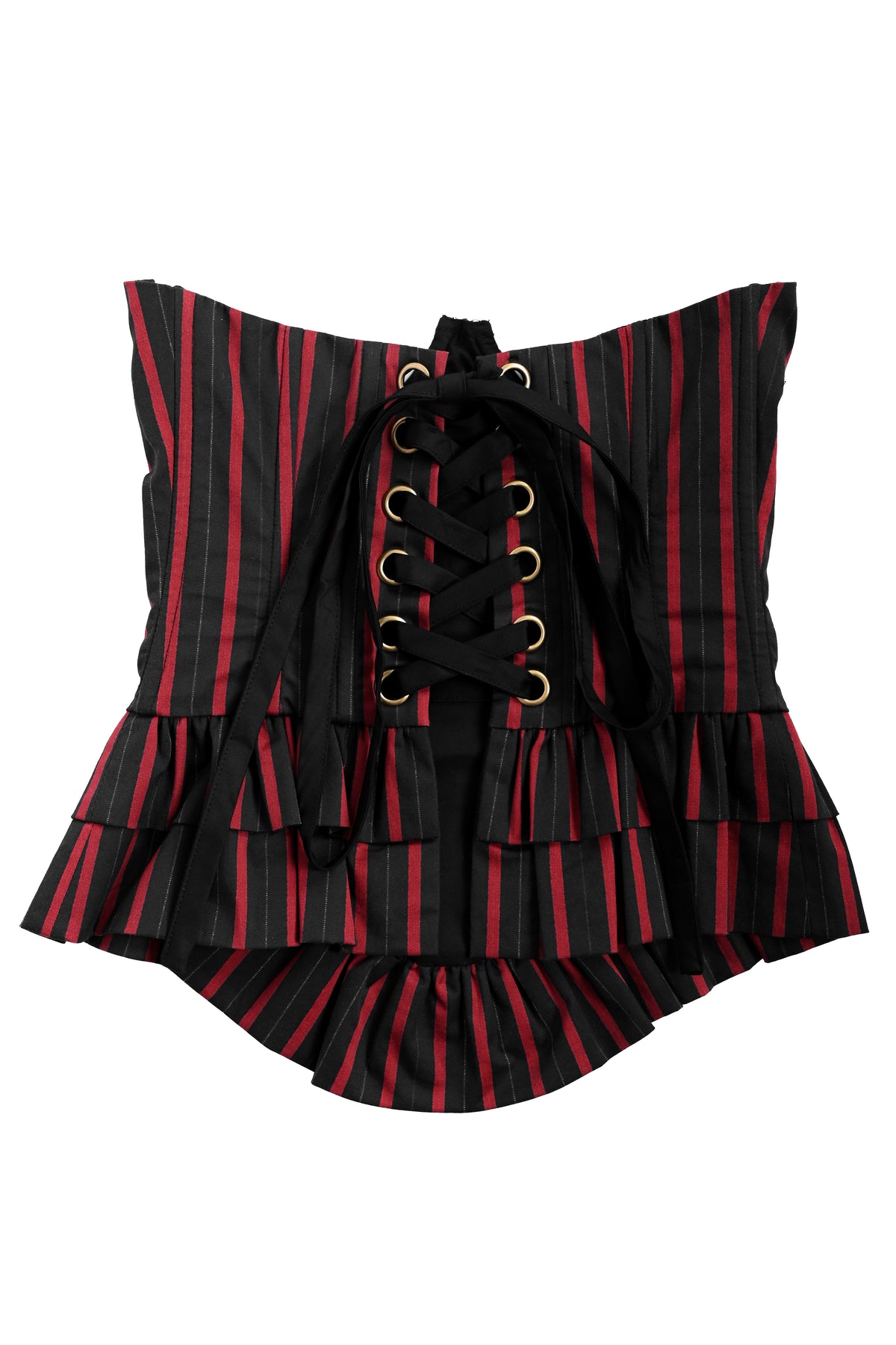 A black and red vertically striped corset-style top with a lace-up front, gold eyelets, and a ruffled tiered hem, shown on a plain white background.
