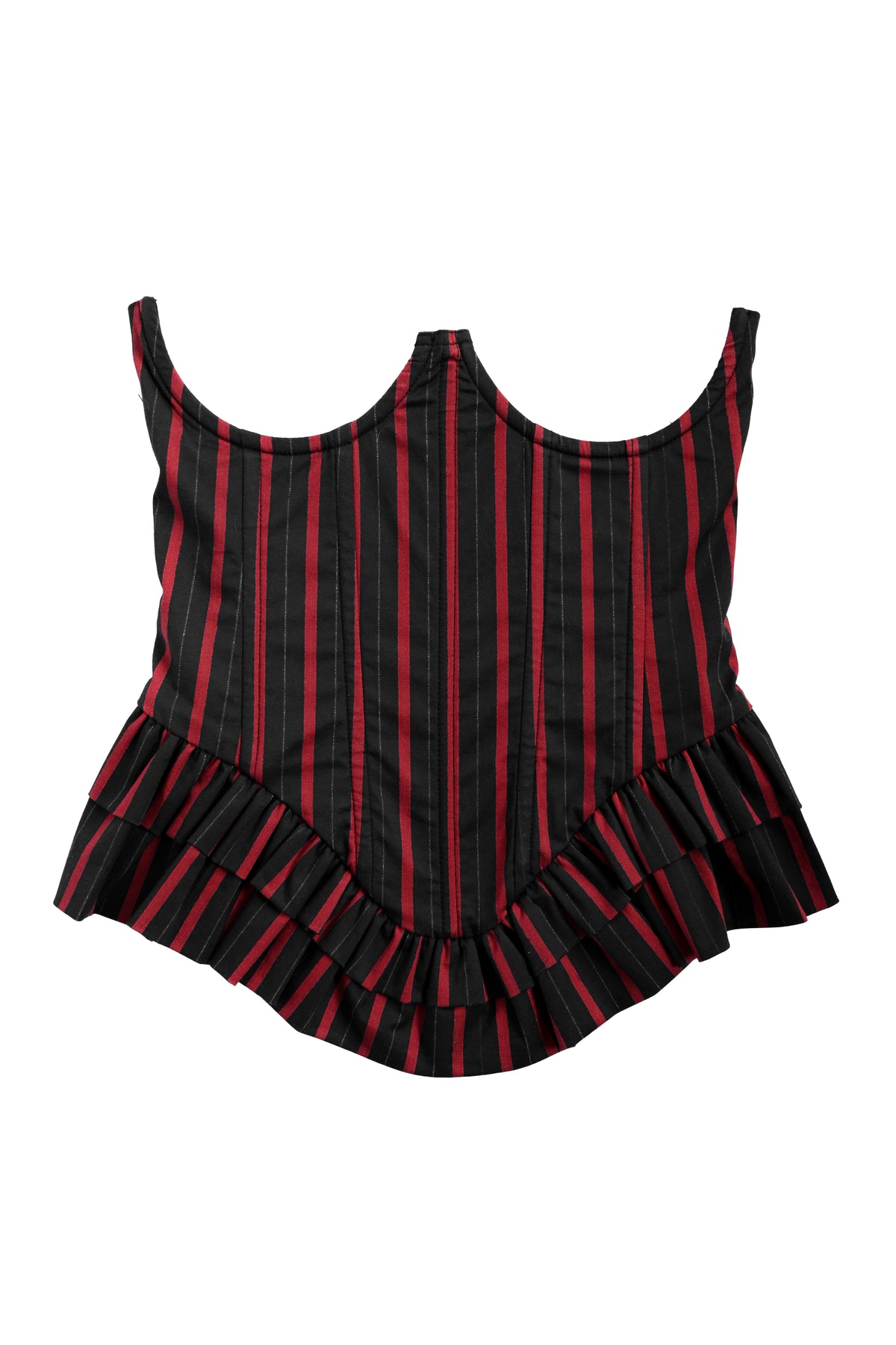 A sleeveless top with a black and red vertical stripe pattern and a ruffled peplum hem, shown against a plain white background.