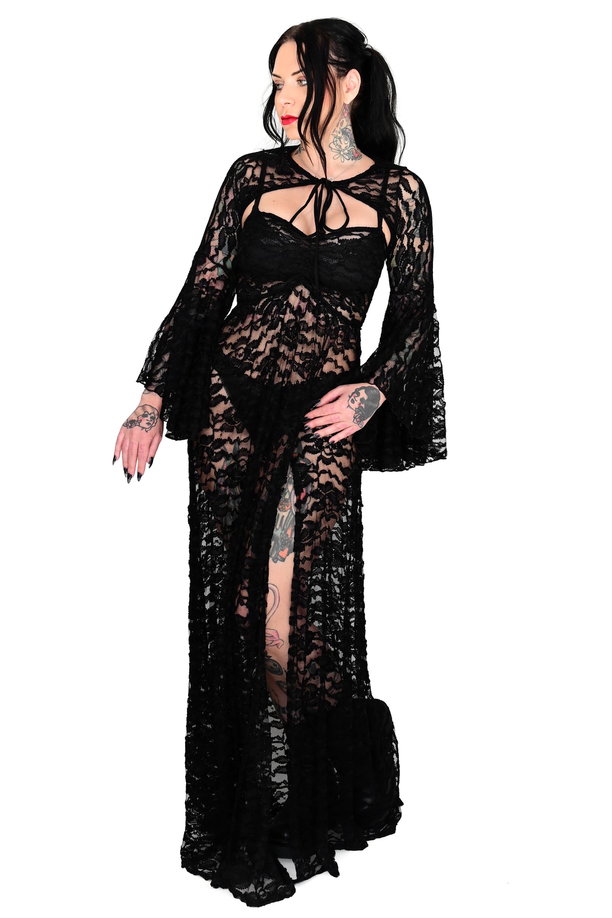 sheer lace maxi dress with spaghetti straps and side slit