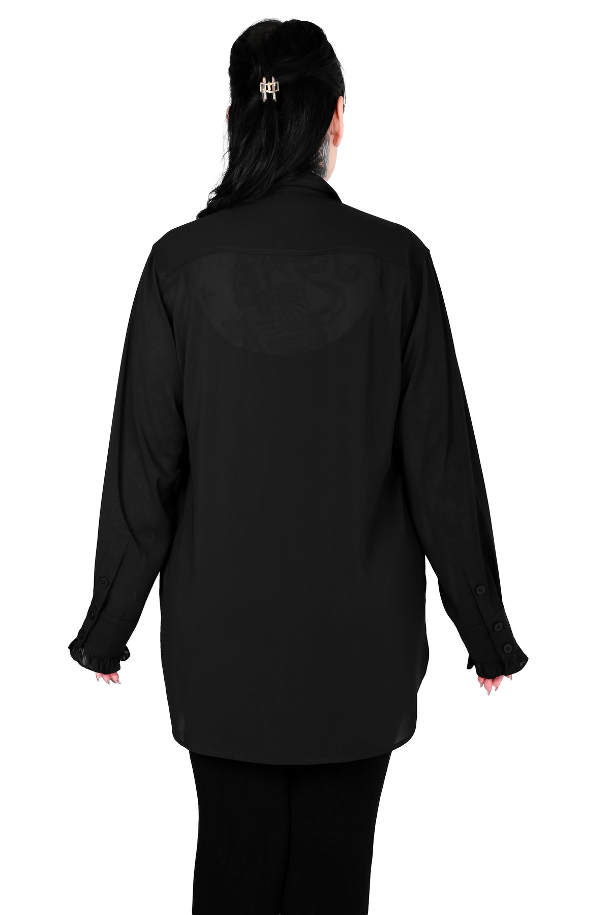 back view of a model wearing a black chiffon shirt in size medium