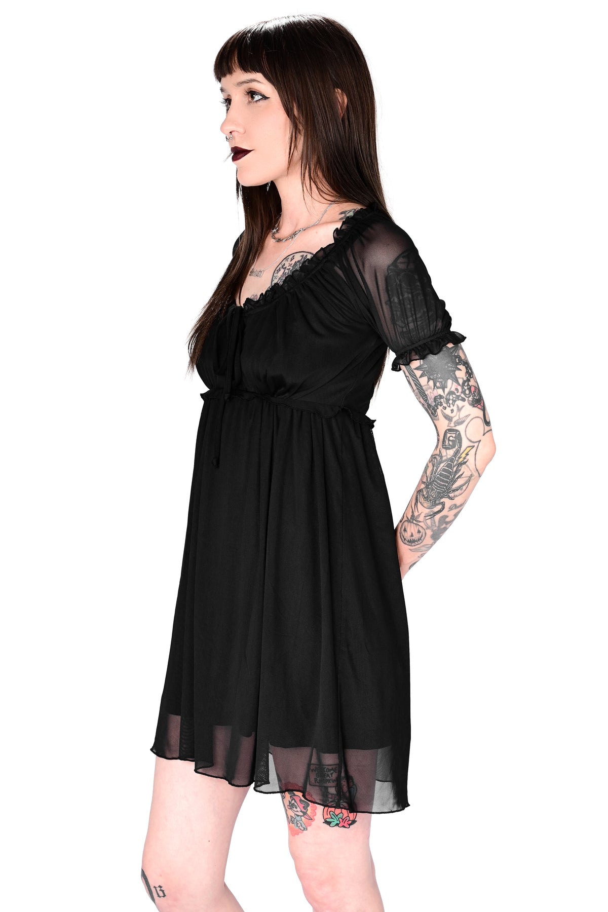 black mesh short sleeve dress with black modal lining, ruffle lettuce hem trim and tie front