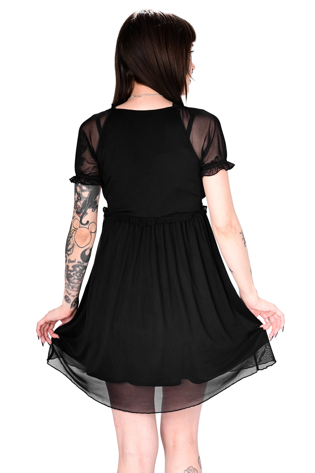 black mesh short sleeve dress with black modal lining, ruffle lettuce hem trim and tie front