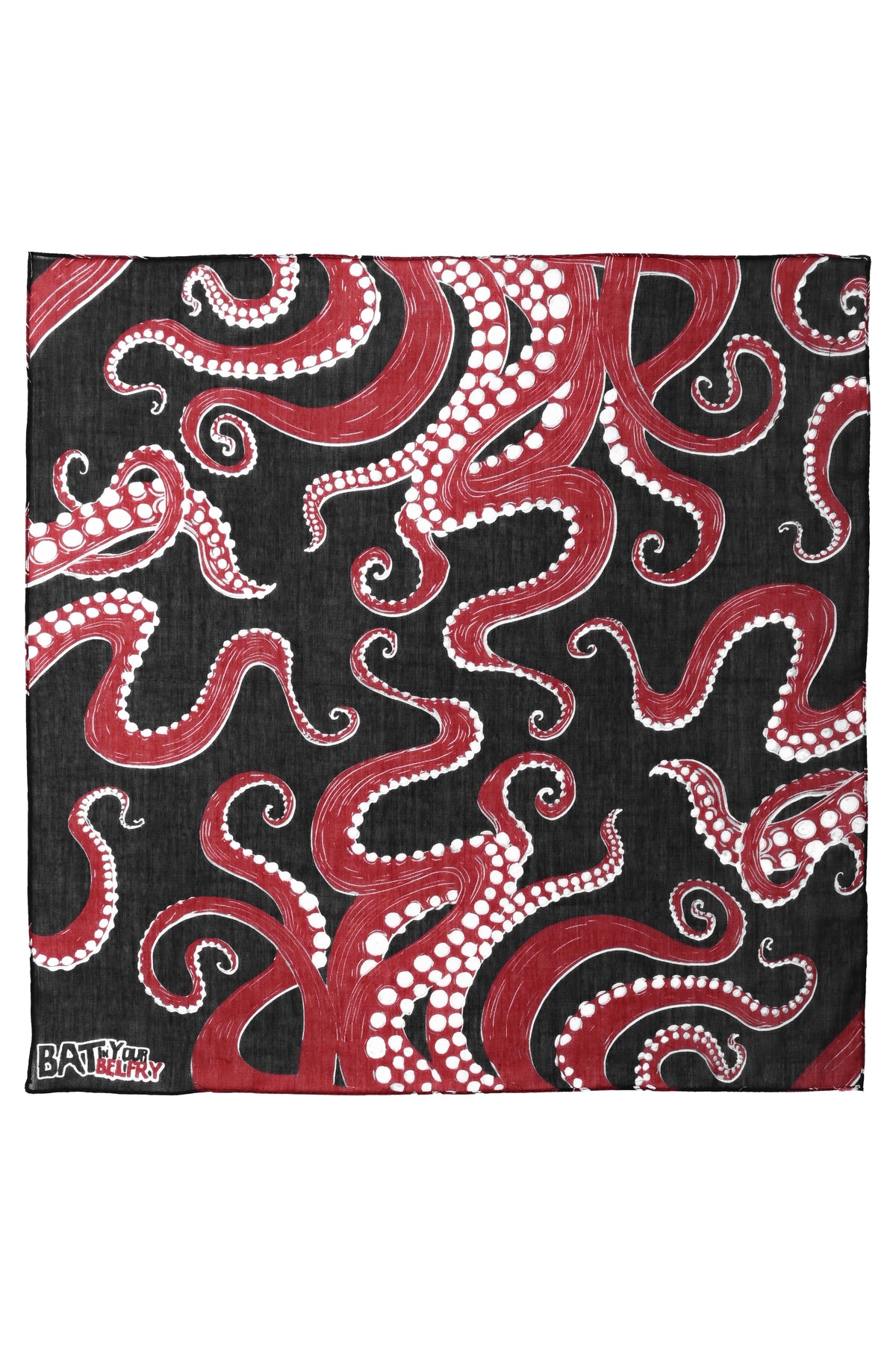 a square scarf flat against a white backdrop. The scarf is solid black covered in red tentacles with white suction cups.The logo for the artist, Bat in your Belfry is in the bottom left corner