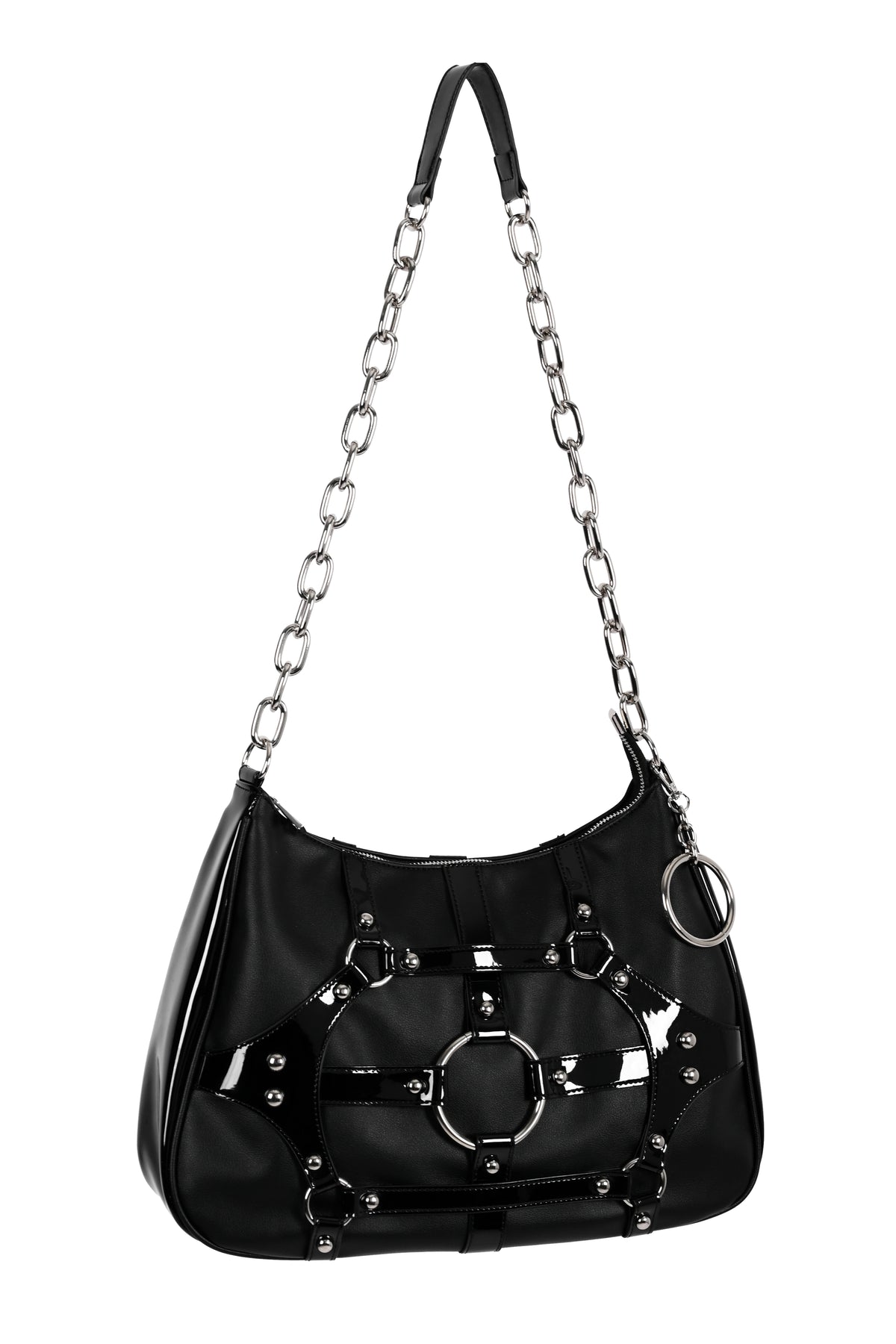 Black PU shoulder bag with black shiny PU detailing, plus silver o-rings, hardware and chain strap