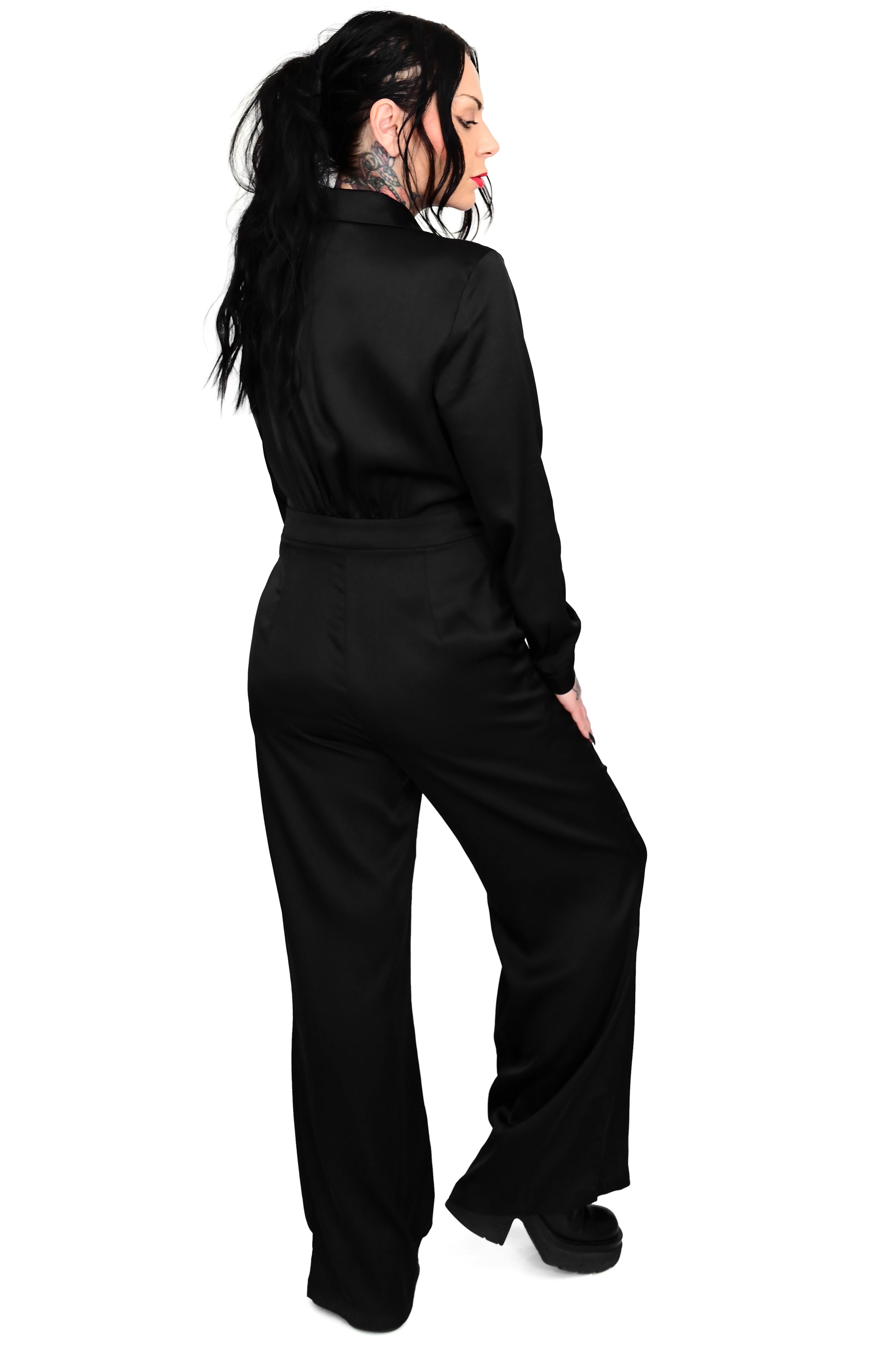 Black store long sleeve tie front jumpsuit