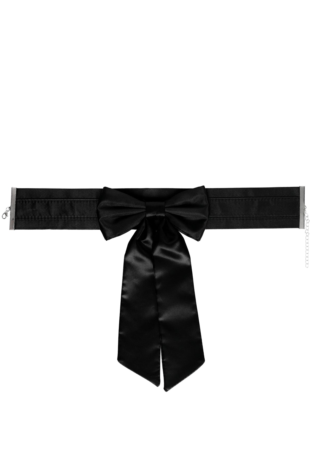 A black satin wide choker with a bow and long tails. displayed against a solid white background. This is a carvat style choker