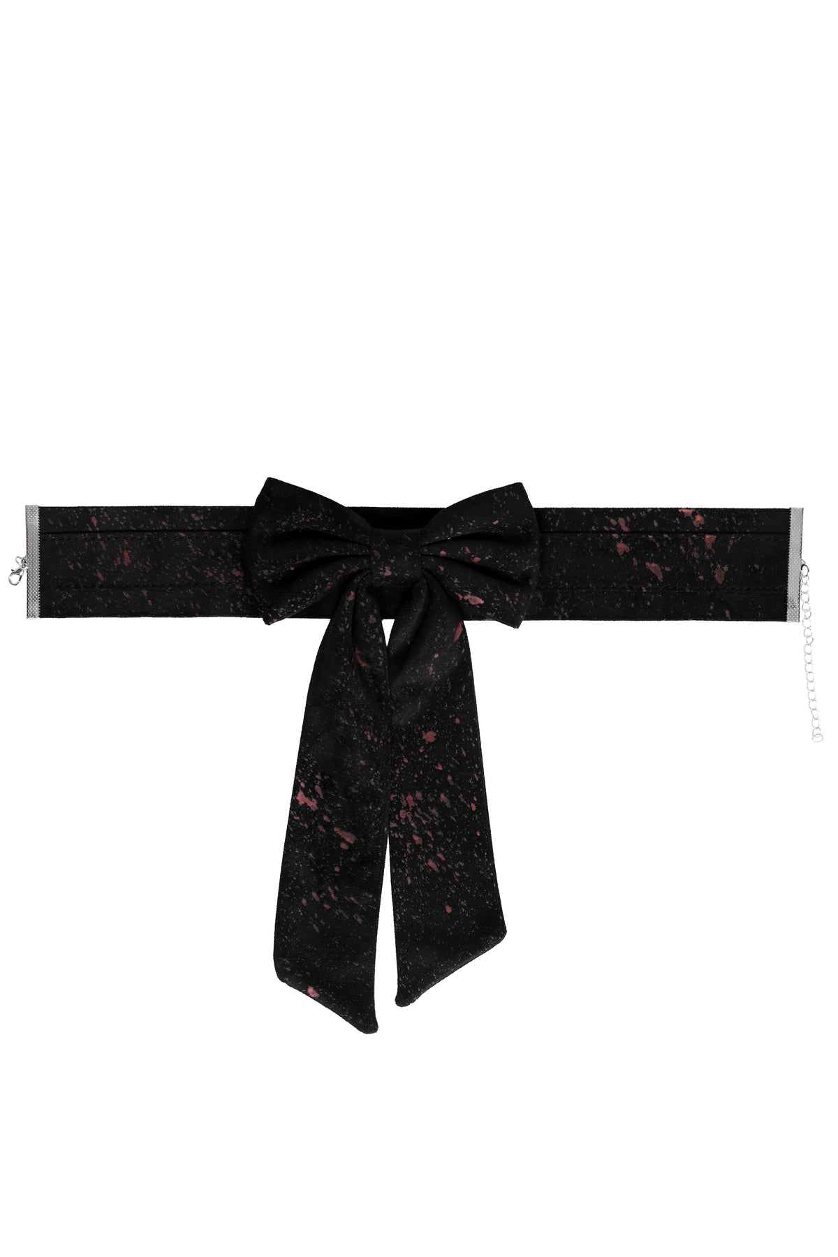 A black wide choker with a bow and long tails, featuring a subtle red speckled pattern on a black fabric, displayed against a solid white background. This is a carvat style choker