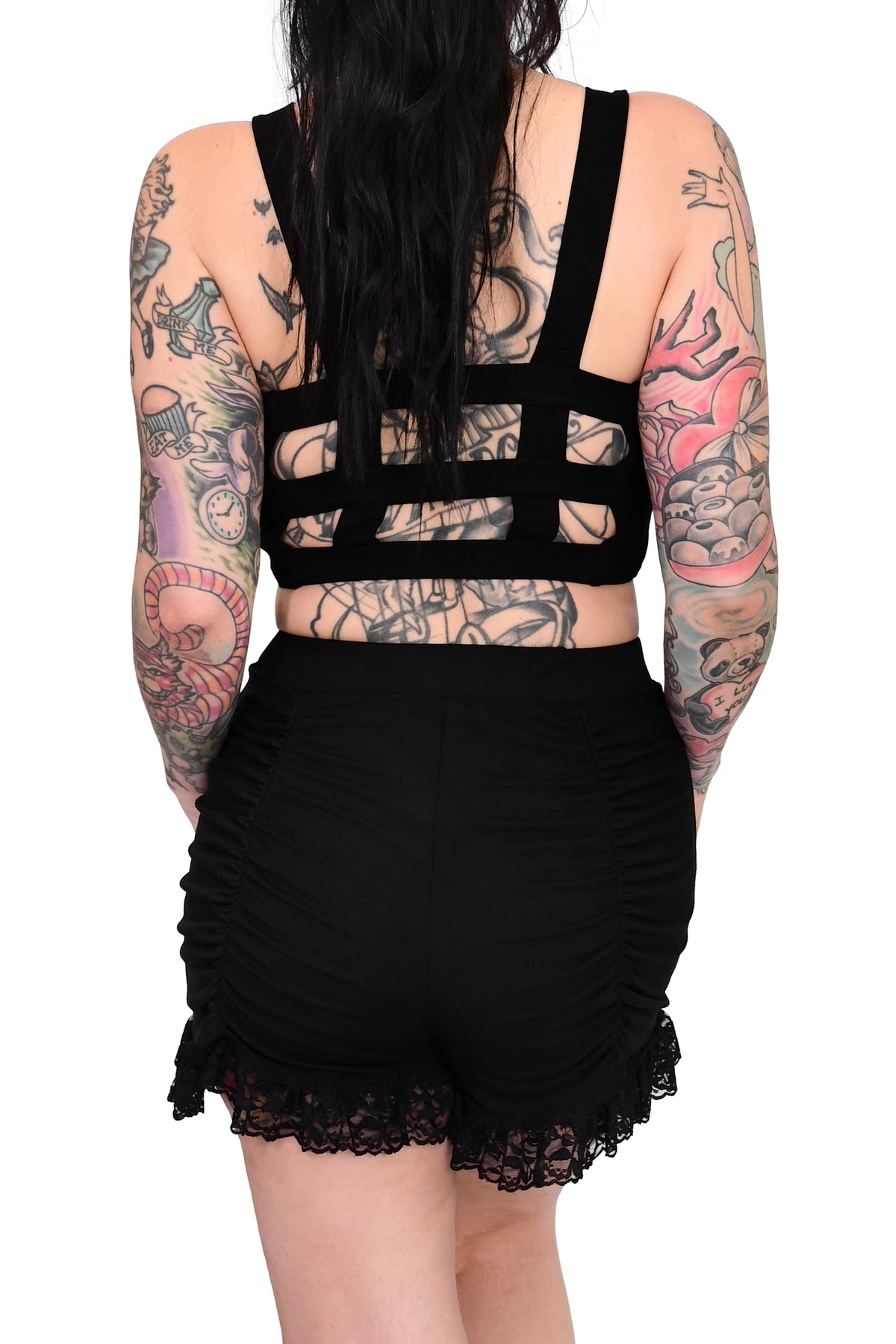 black ruched bloomer shorts with lace bottom hem