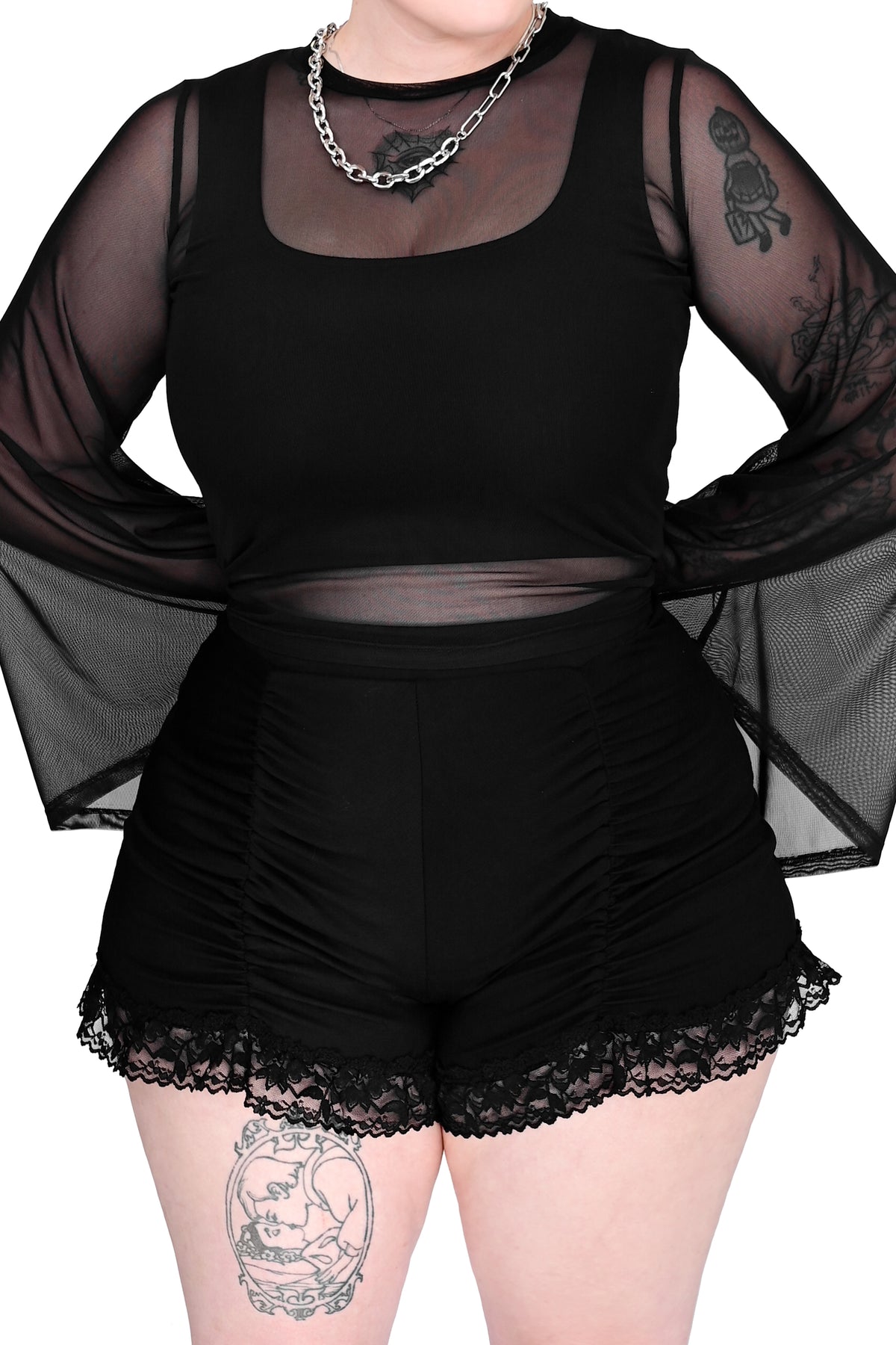 black ruched bloomer shorts with lace bottom hem