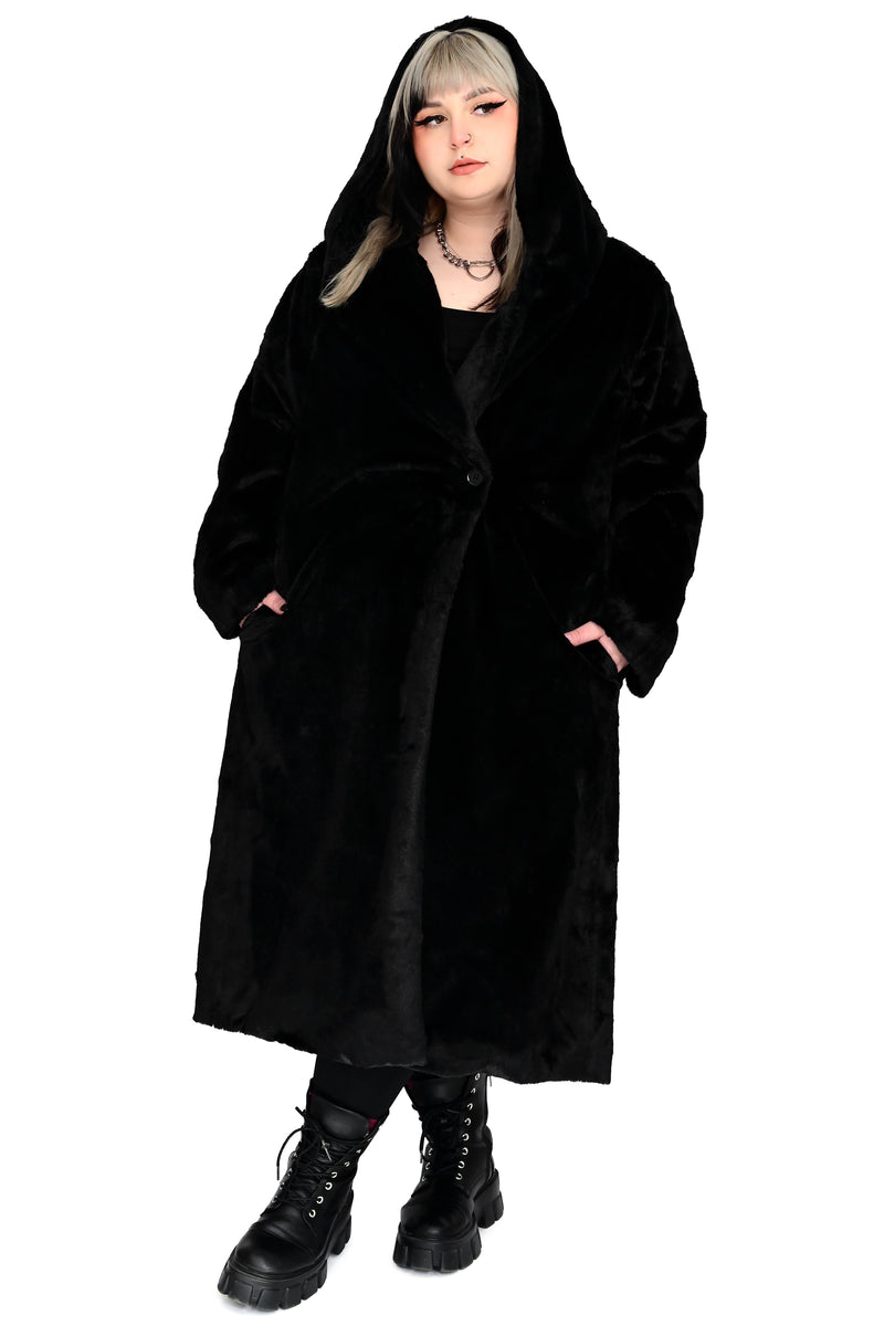 long black faux fur hooded coat