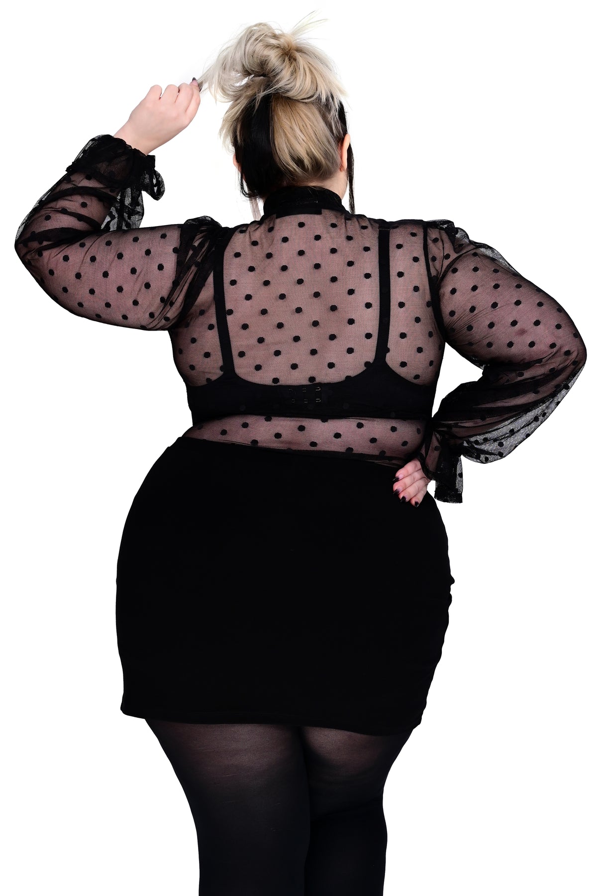 black mesh polkadot long sleeve with front pussybow tie collar
