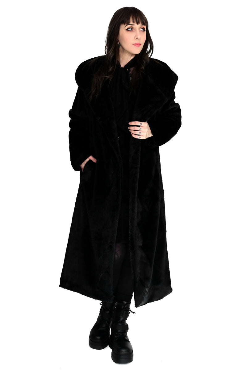 long black faux fur hooded coat