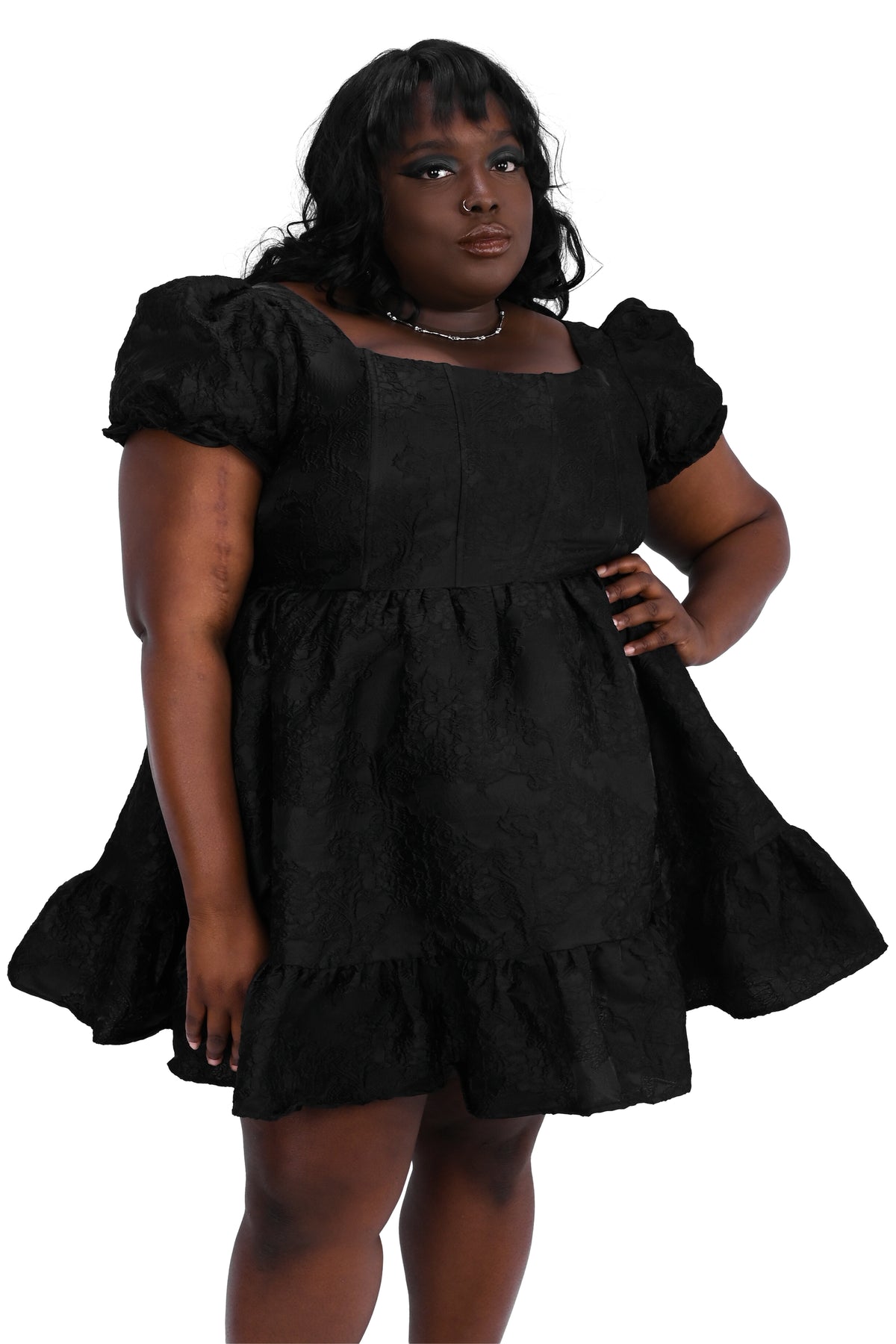 short black baroque dress with puff sleeves