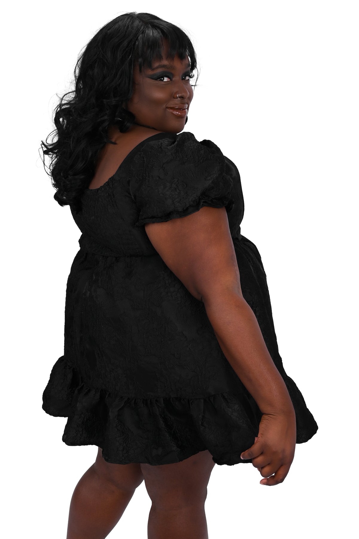 short black baroque dress with puff sleeves