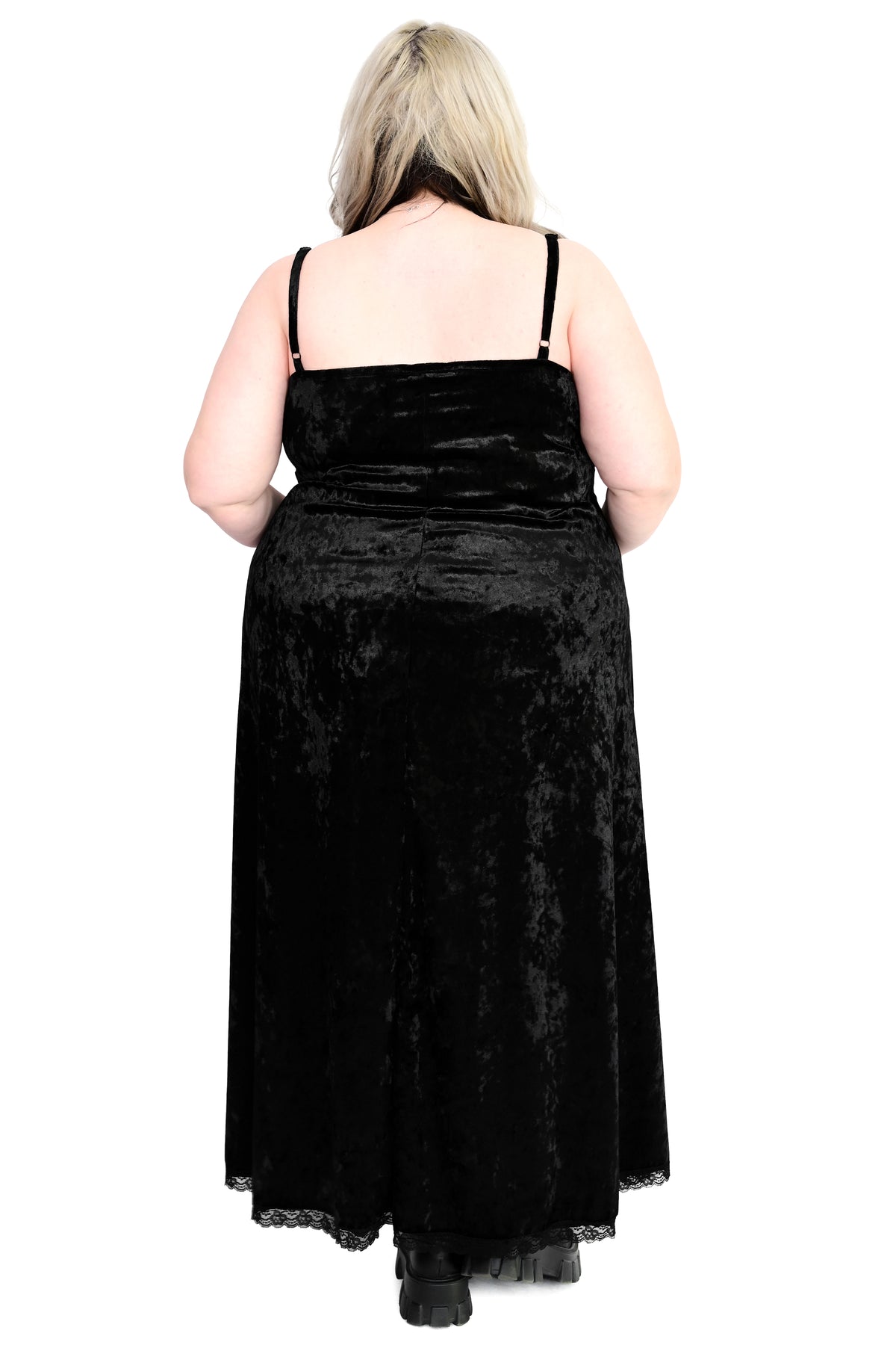 black velvet maxi dress with lace trim and side slit