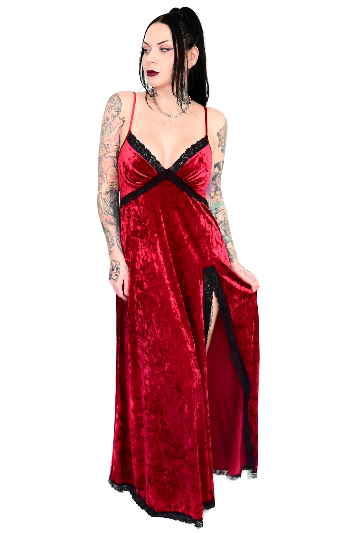 red velvet maxi dress with lace trim and side slit