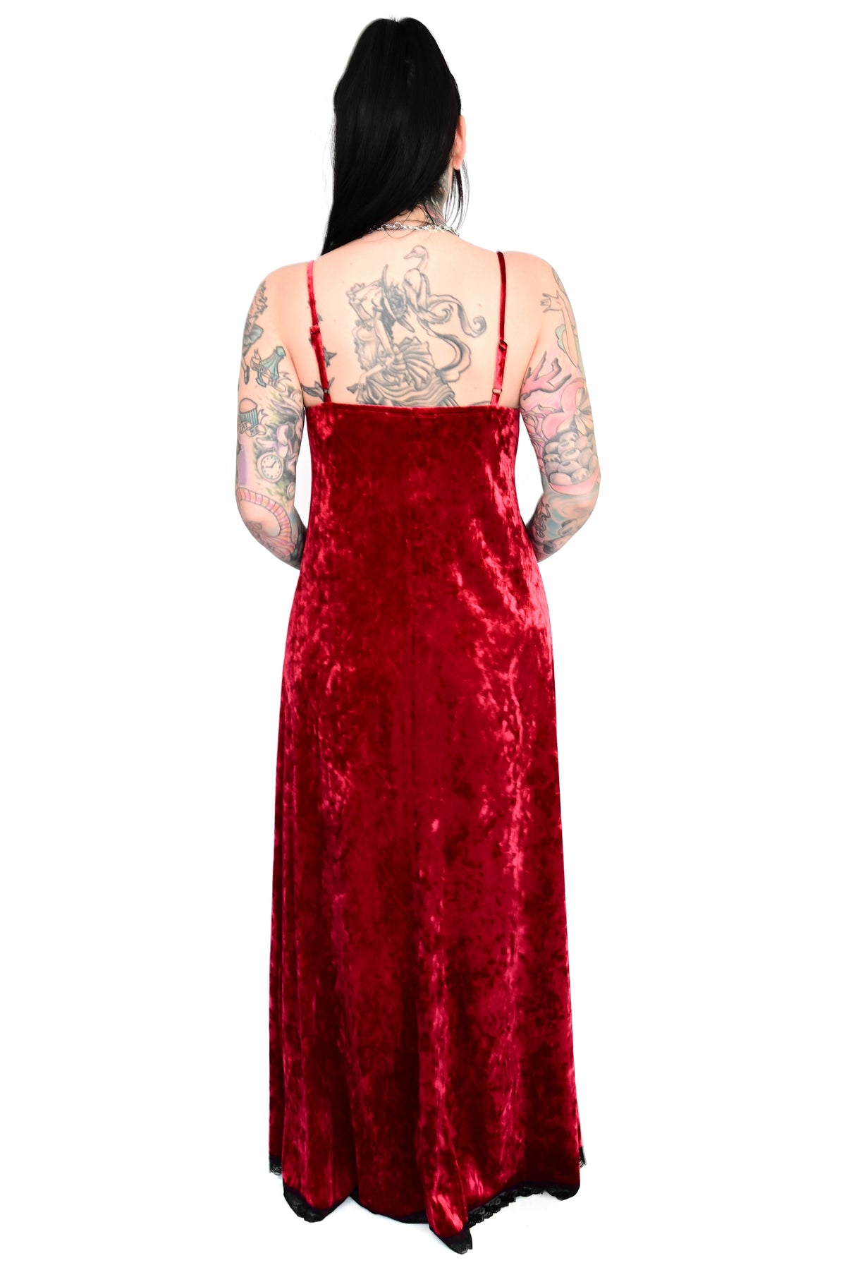 red velvet maxi dress with lace trim and side slit