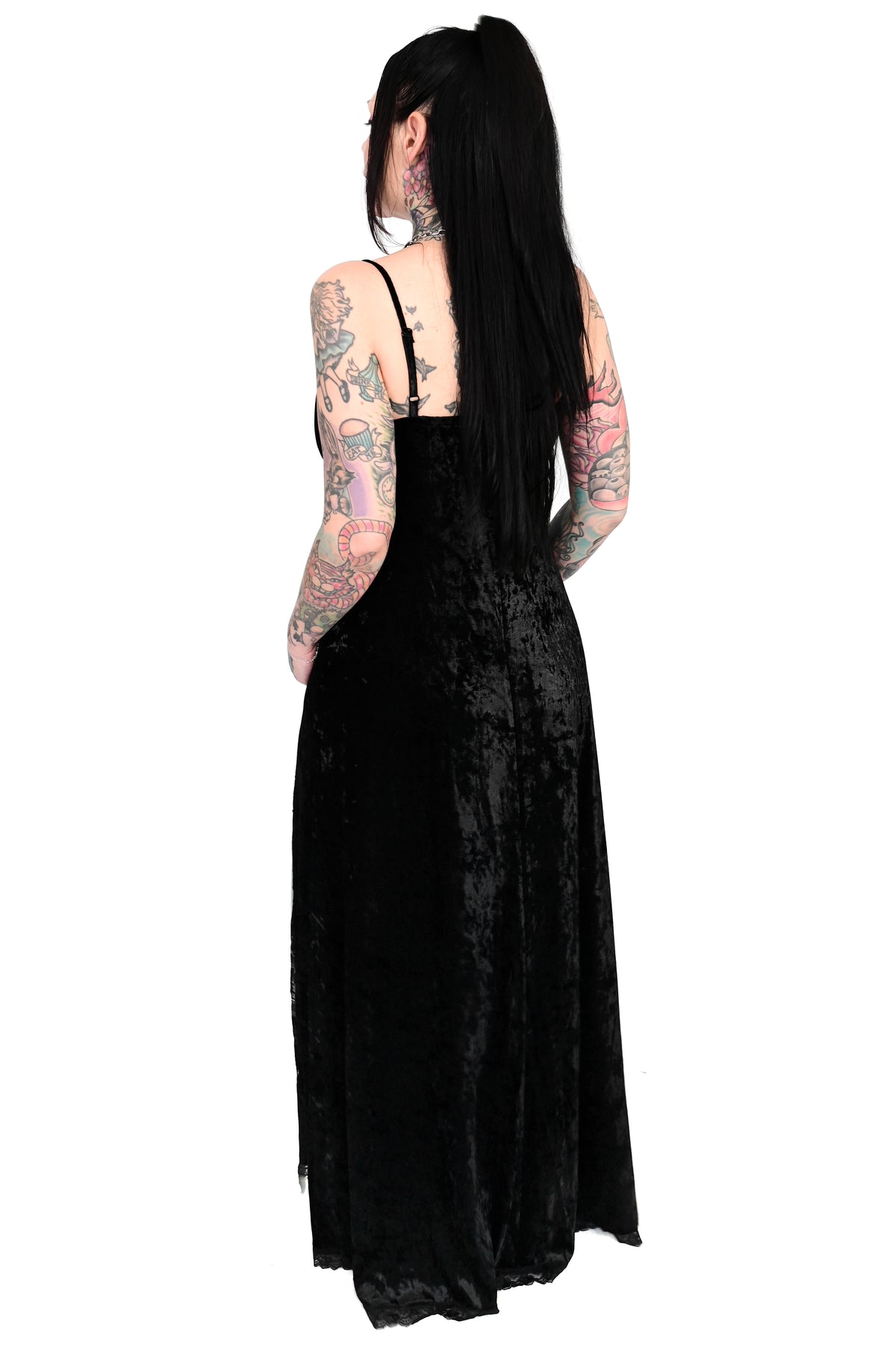 black velvet maxi dress with lace trim and side slit