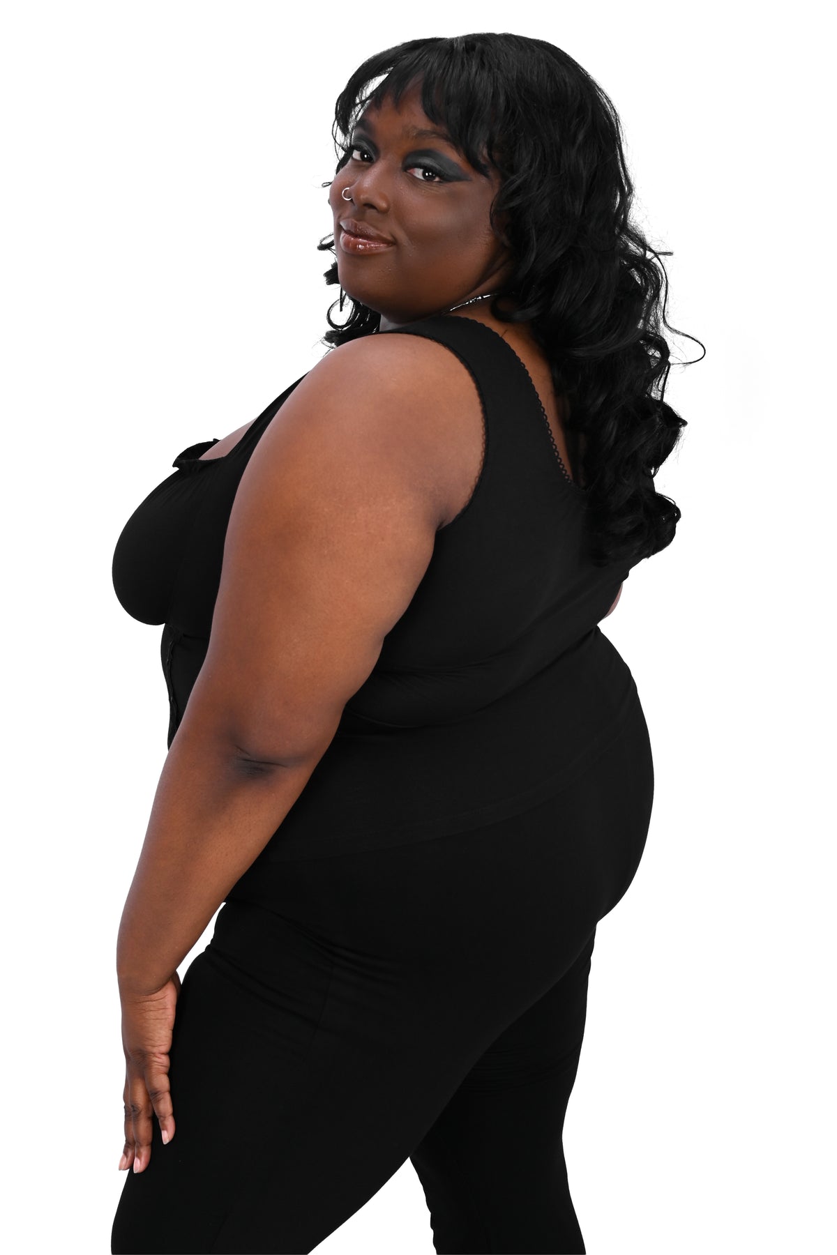 black tank top with princess seams and a gathered bust line