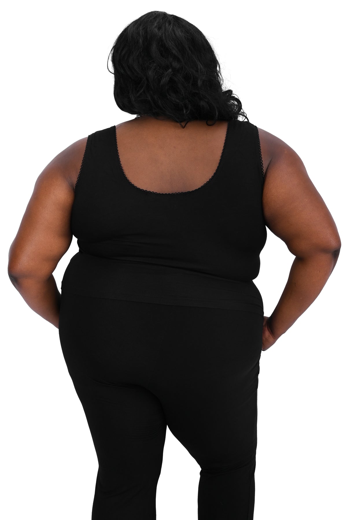 black tank top with princess seams and a gathered bust line