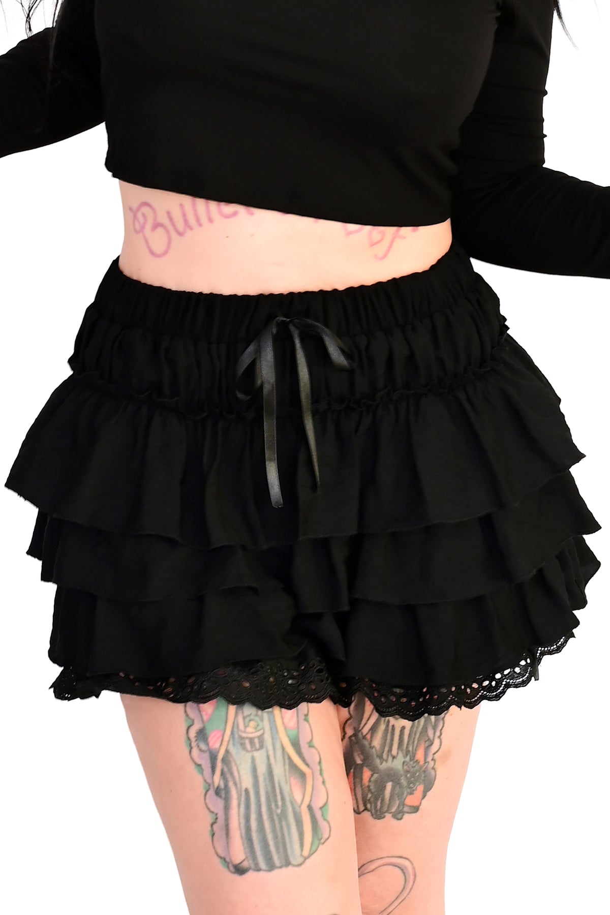 black ruffle bloomers with bow on front and lace bottom hem