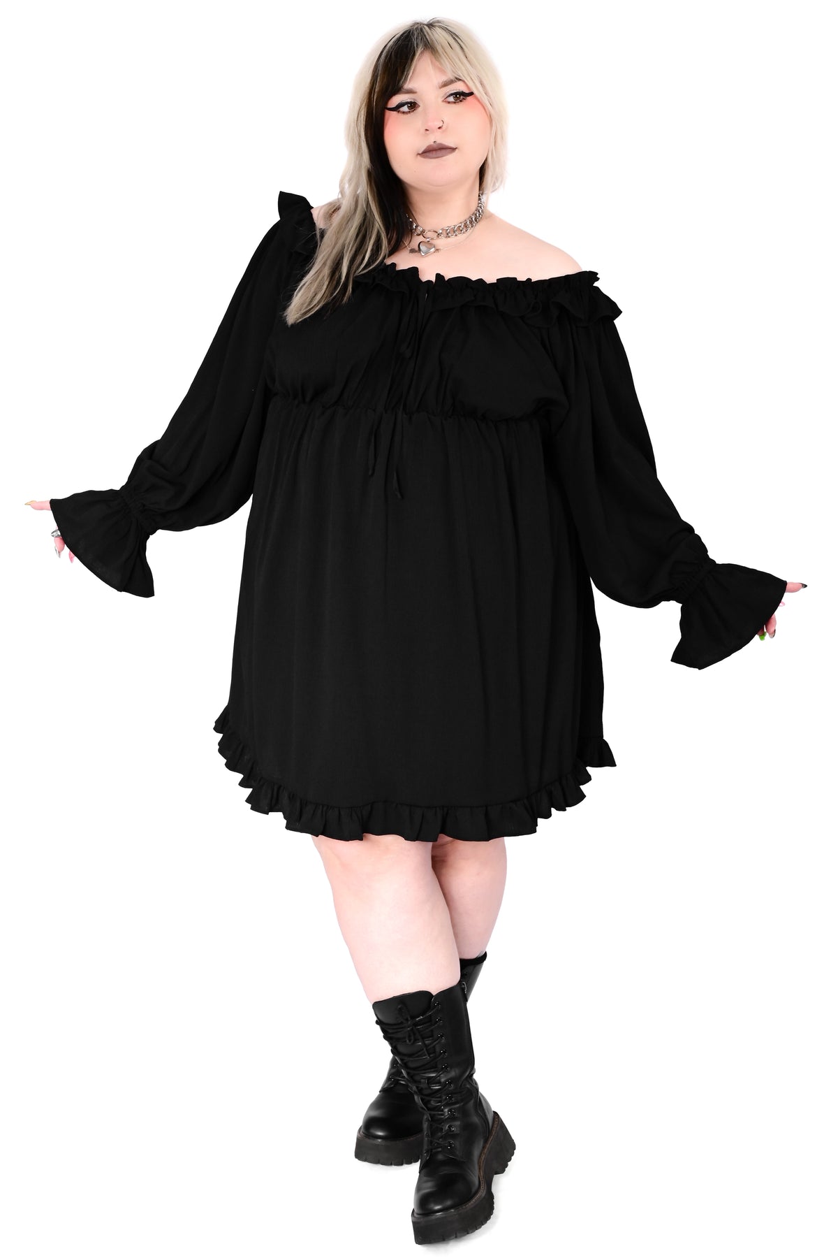 black long sleeve dress with ruffle trim and tie front