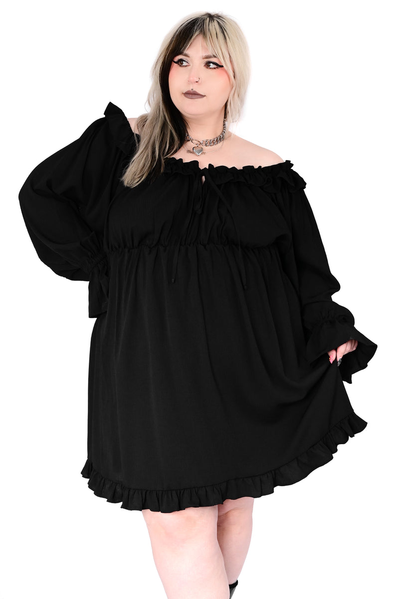 black long sleeve dress with ruffle trim and tie front