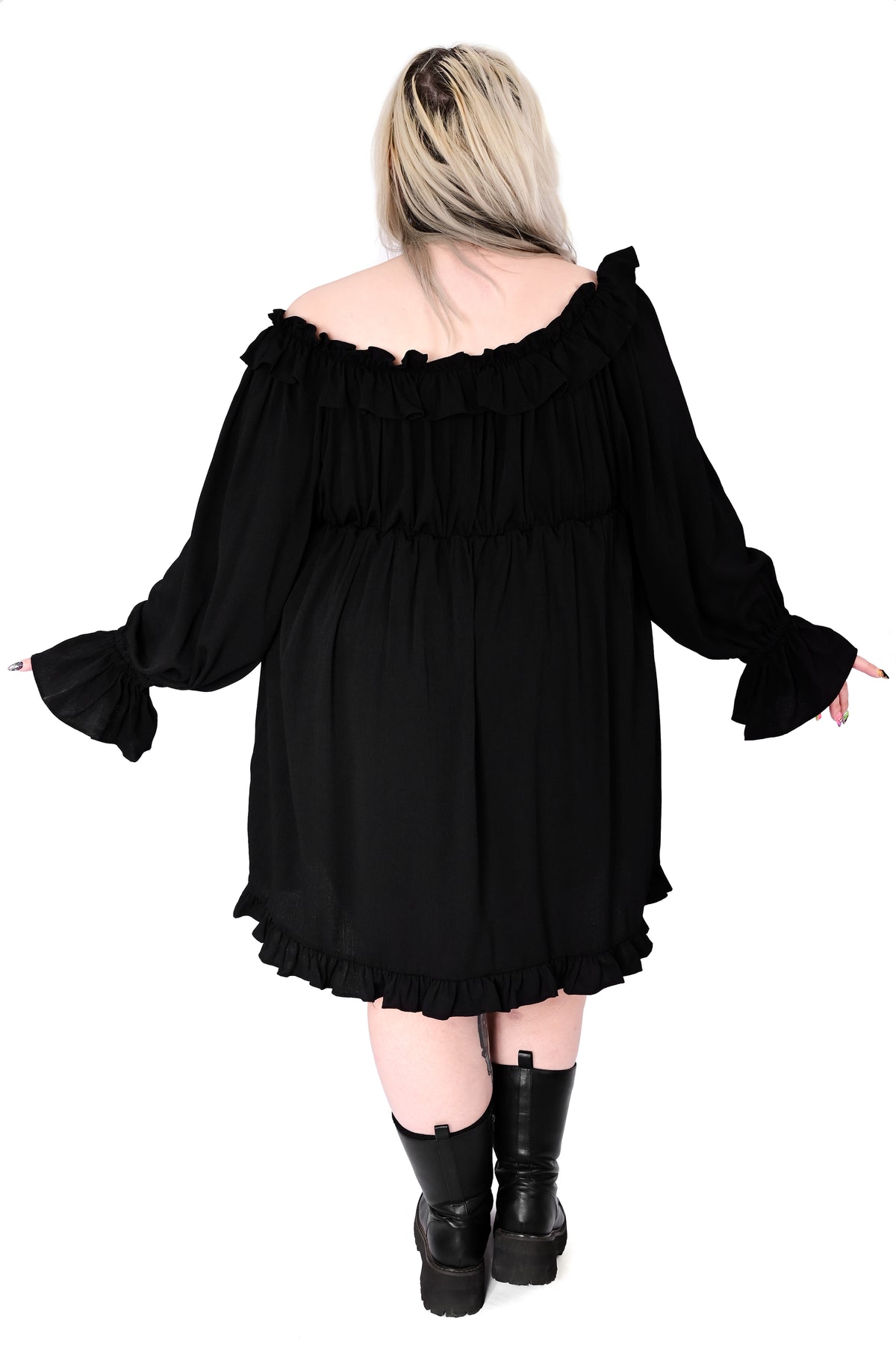 black long sleeve dress with ruffle trim and tie front