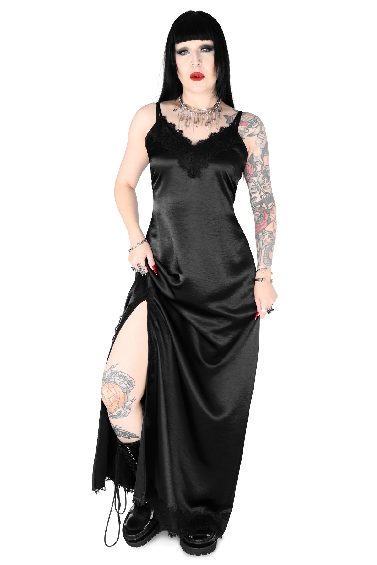 Black satin slip dress with lace detailing throughout