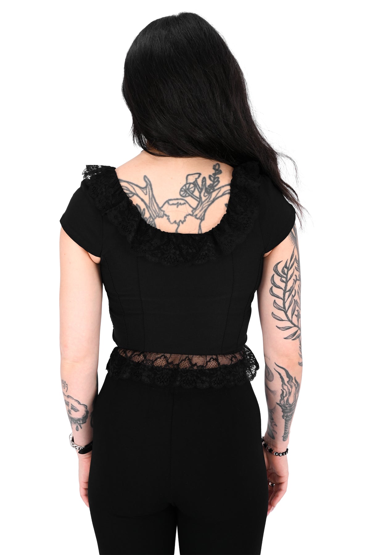 black twill corset top with cap sleeves and lace trim